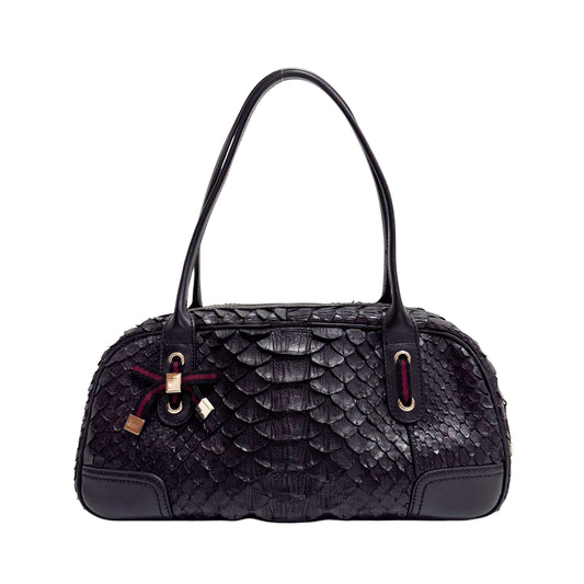 Black Croc Embossed Leather Shoulder Bag