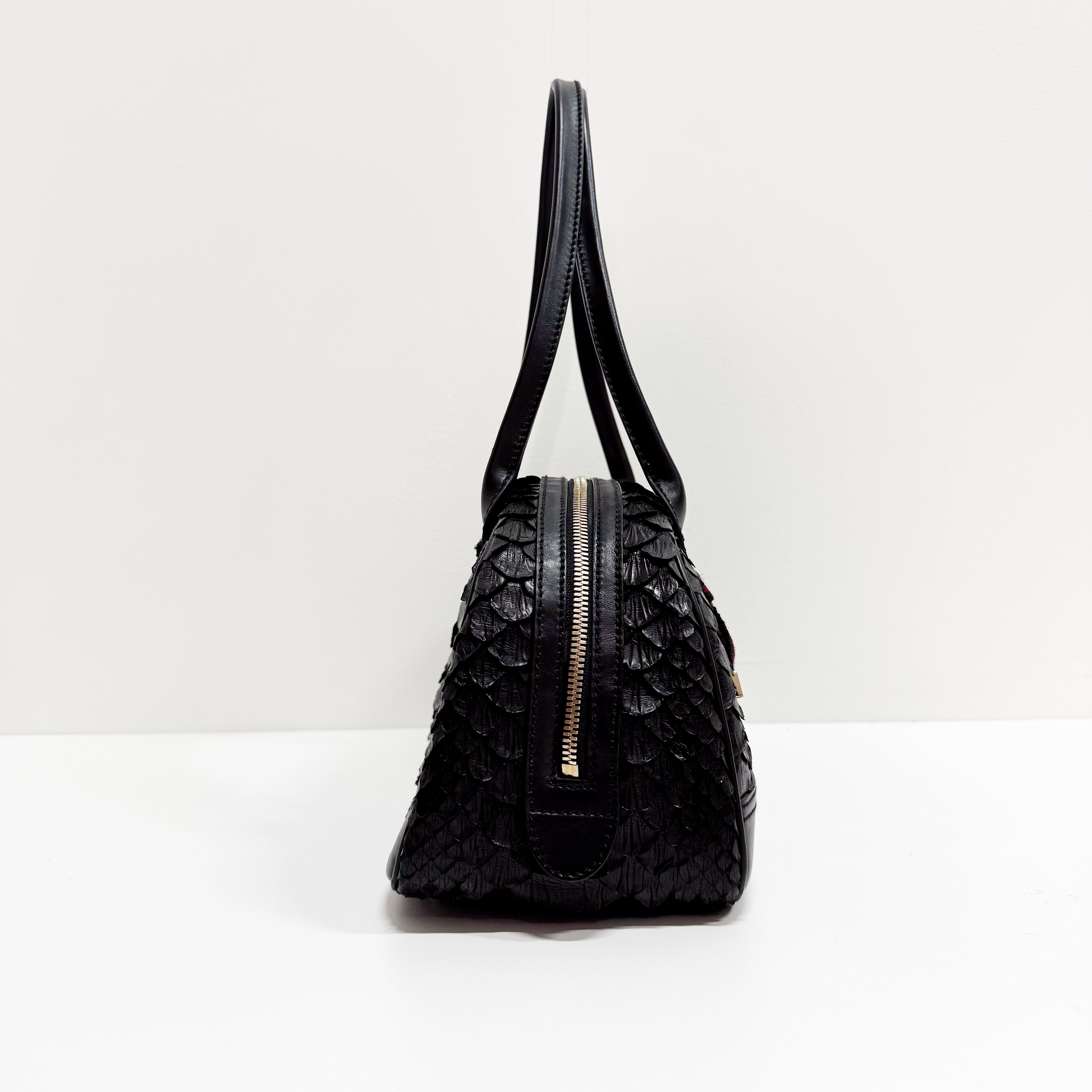 Black Croc Embossed Leather Shoulder Bag