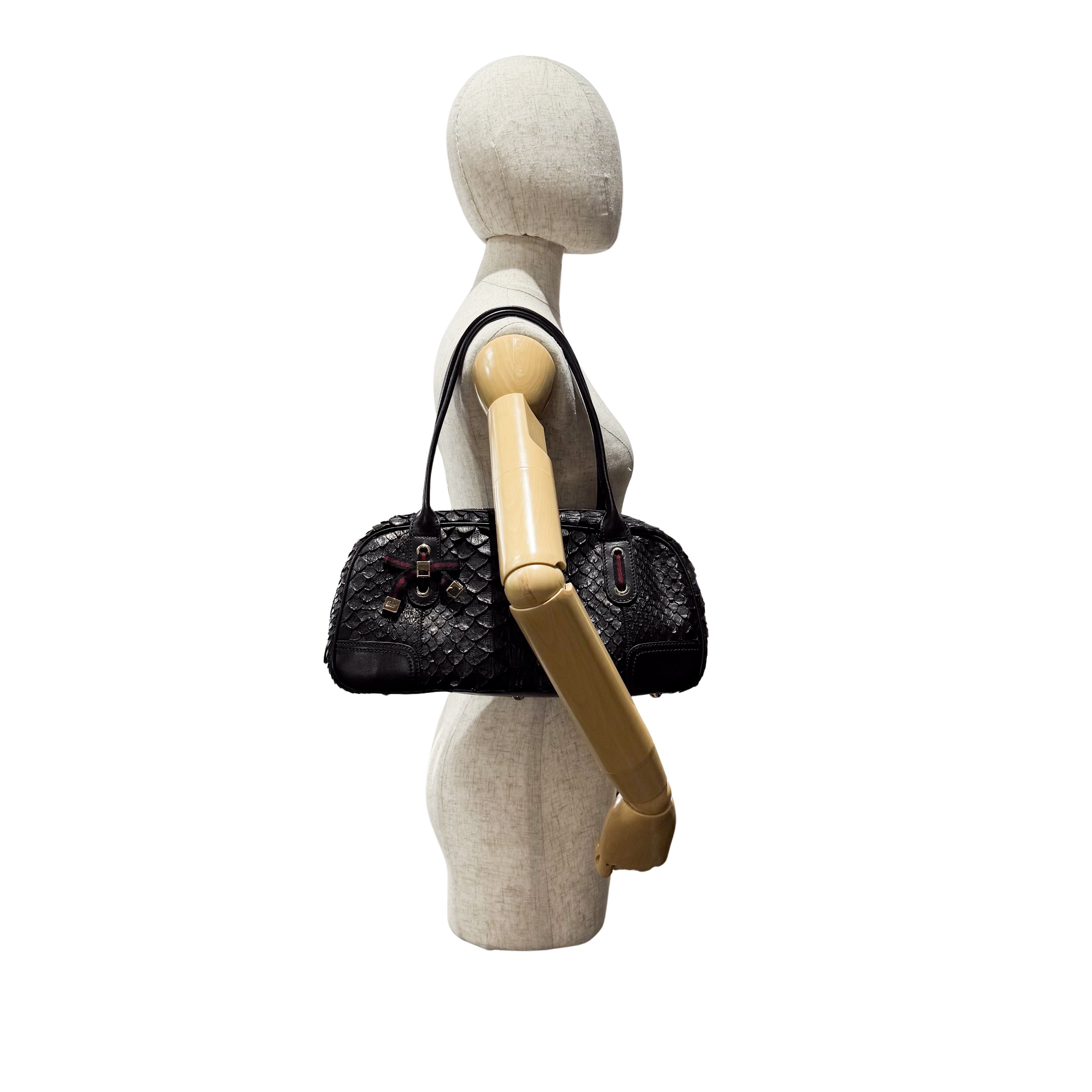 Black Croc Embossed Leather Shoulder Bag