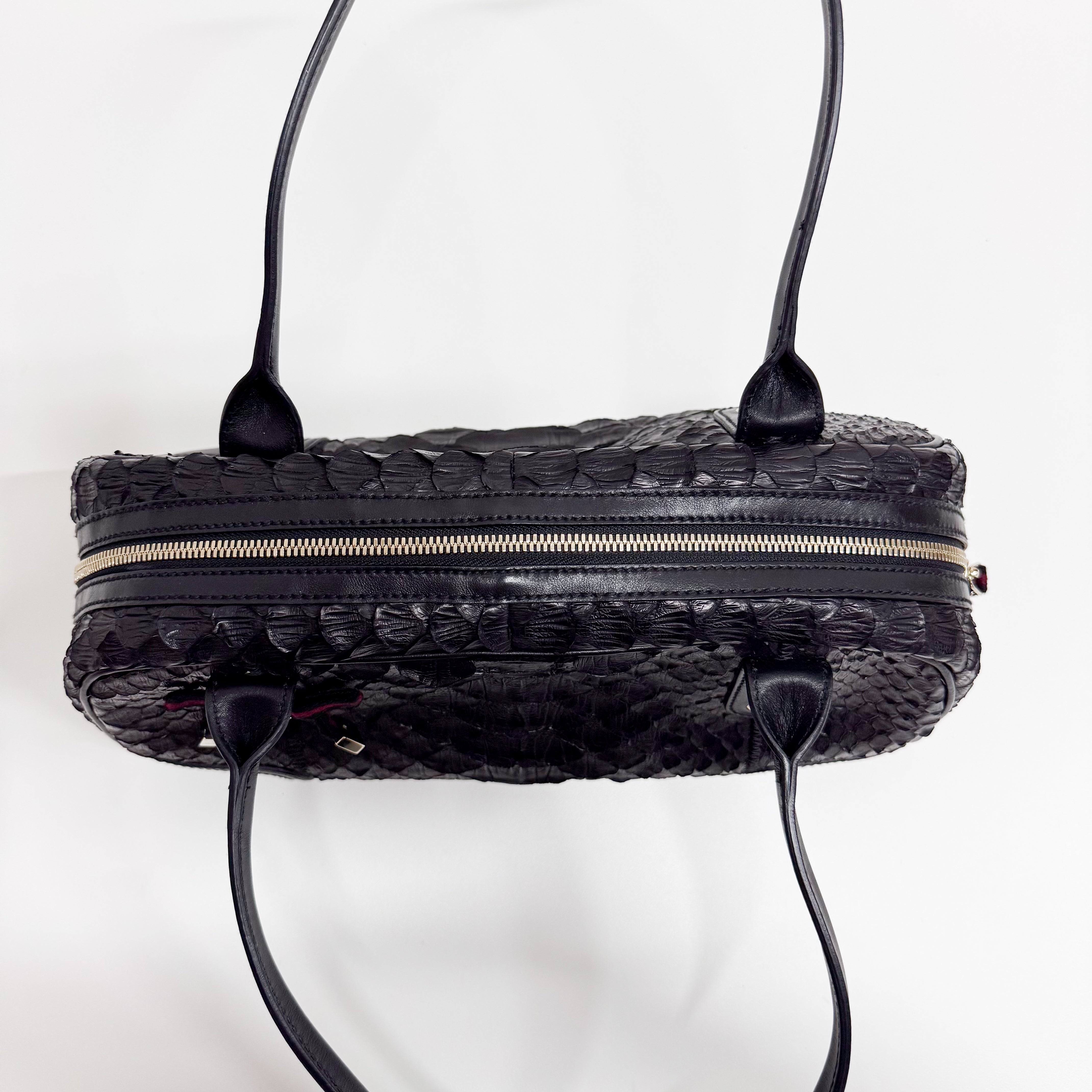 Black Croc Embossed Leather Shoulder Bag
