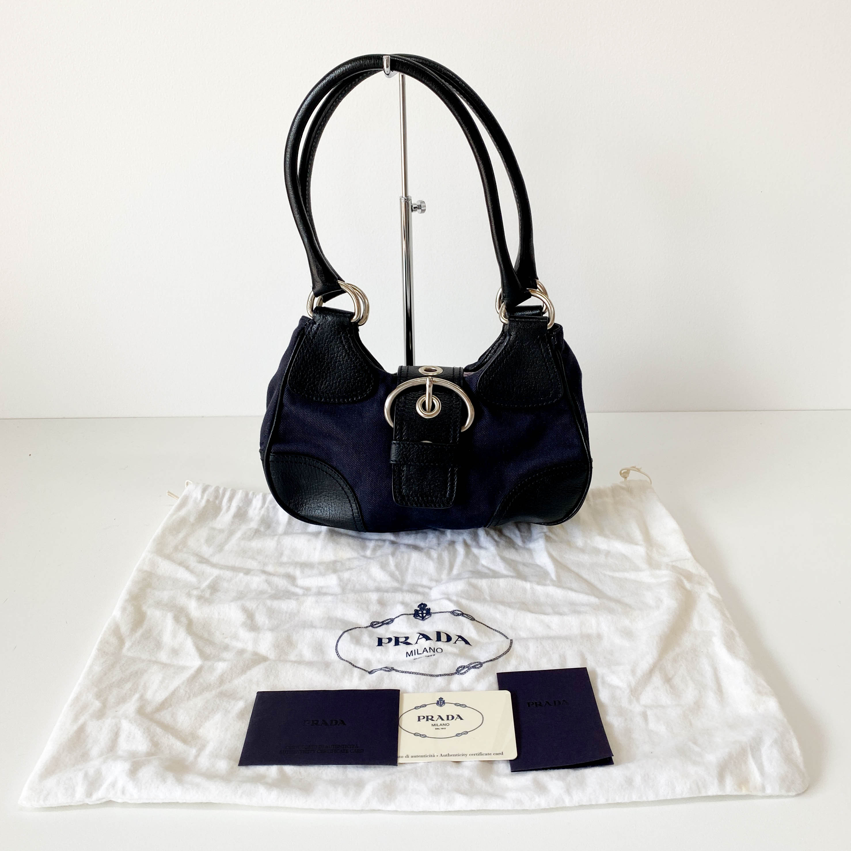 Black Denim and Leather Shoulder Bag