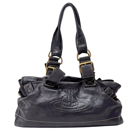 Black Orb Black Leather Tote Bag