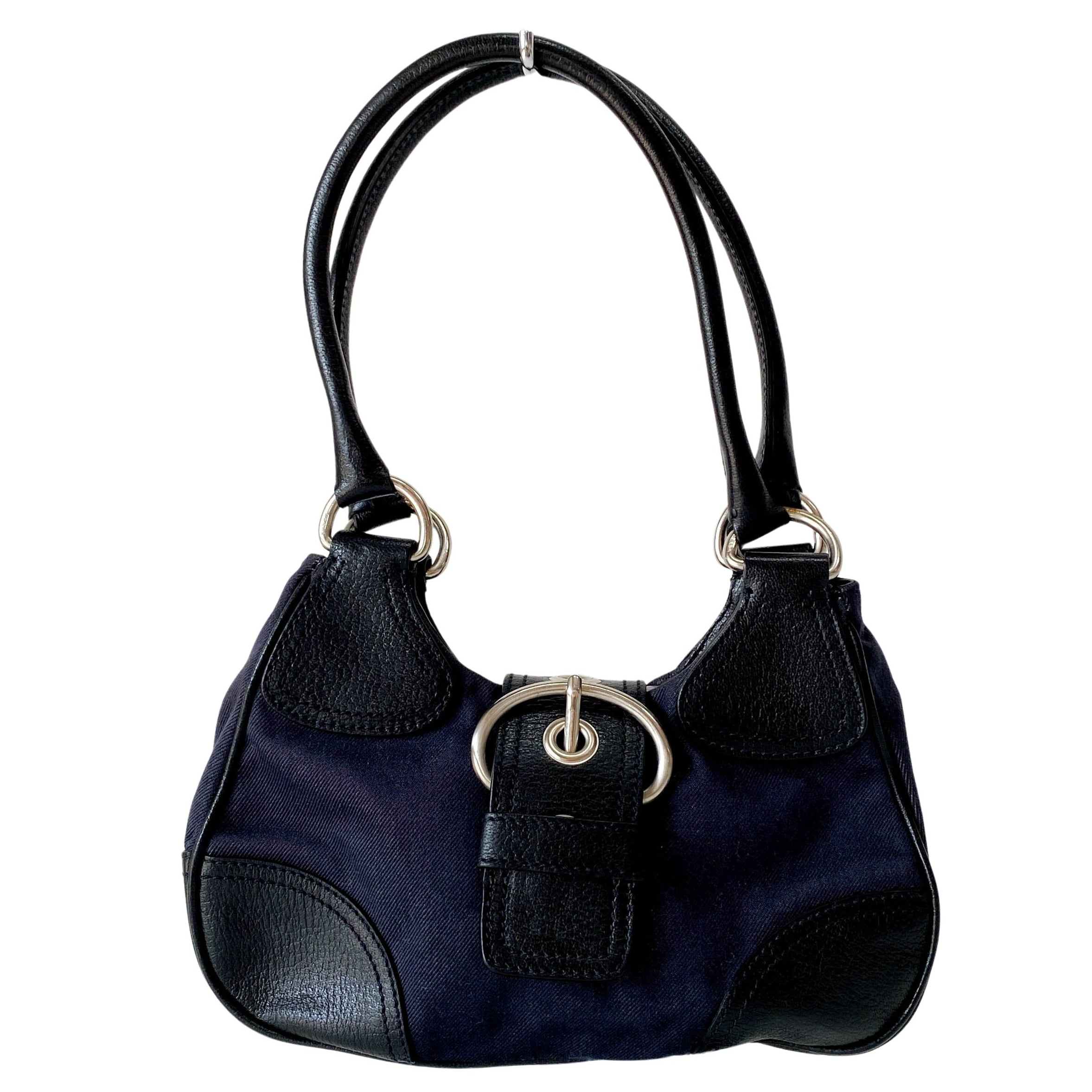Black Denim and Leather Shoulder Bag