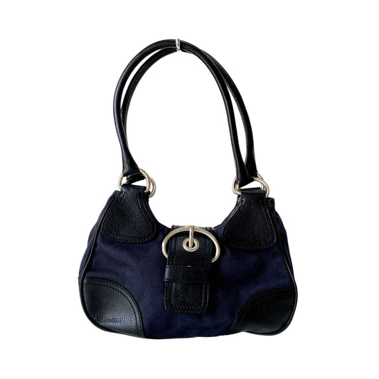 Black Denim and Leather Shoulder Bag