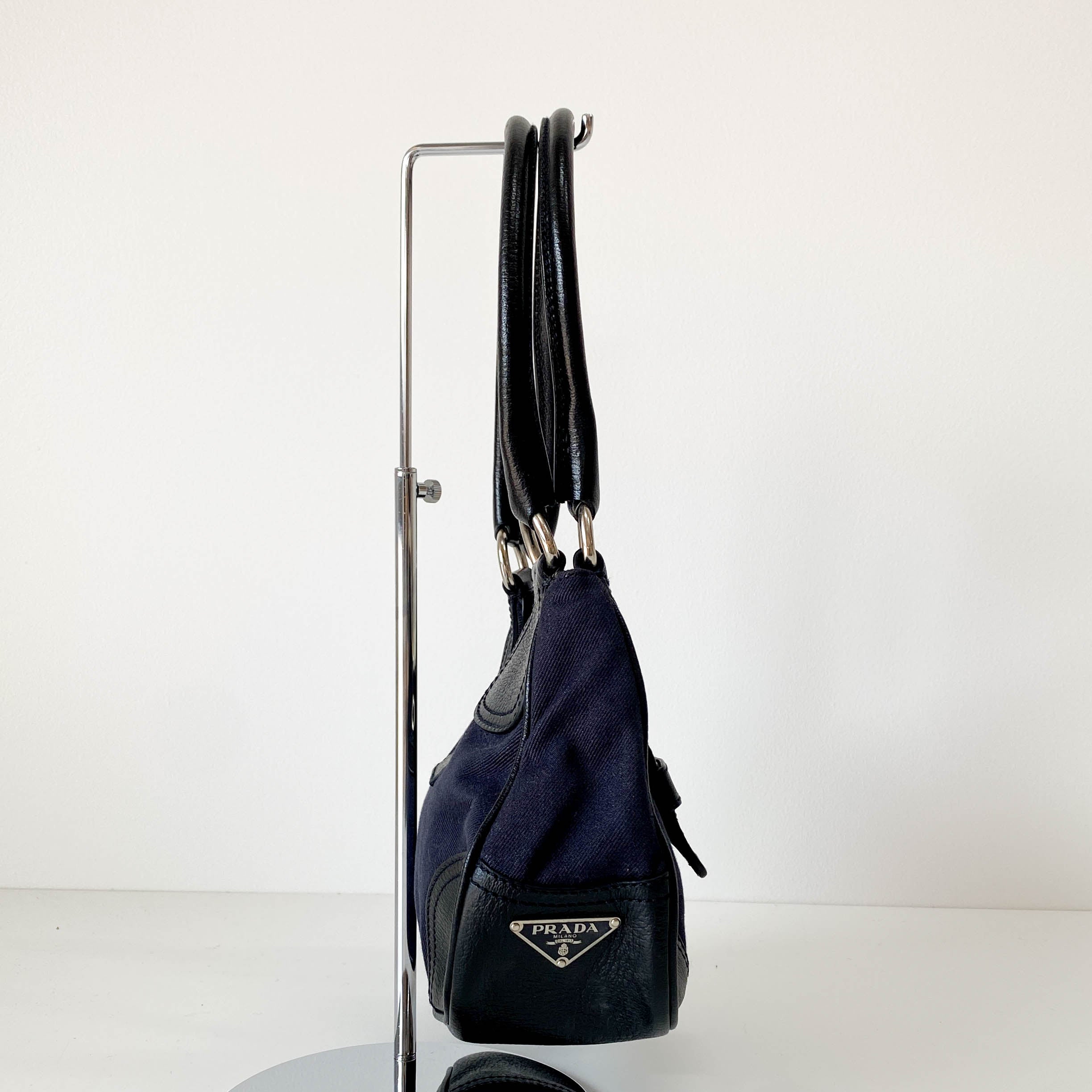 Black Denim and Leather Shoulder Bag