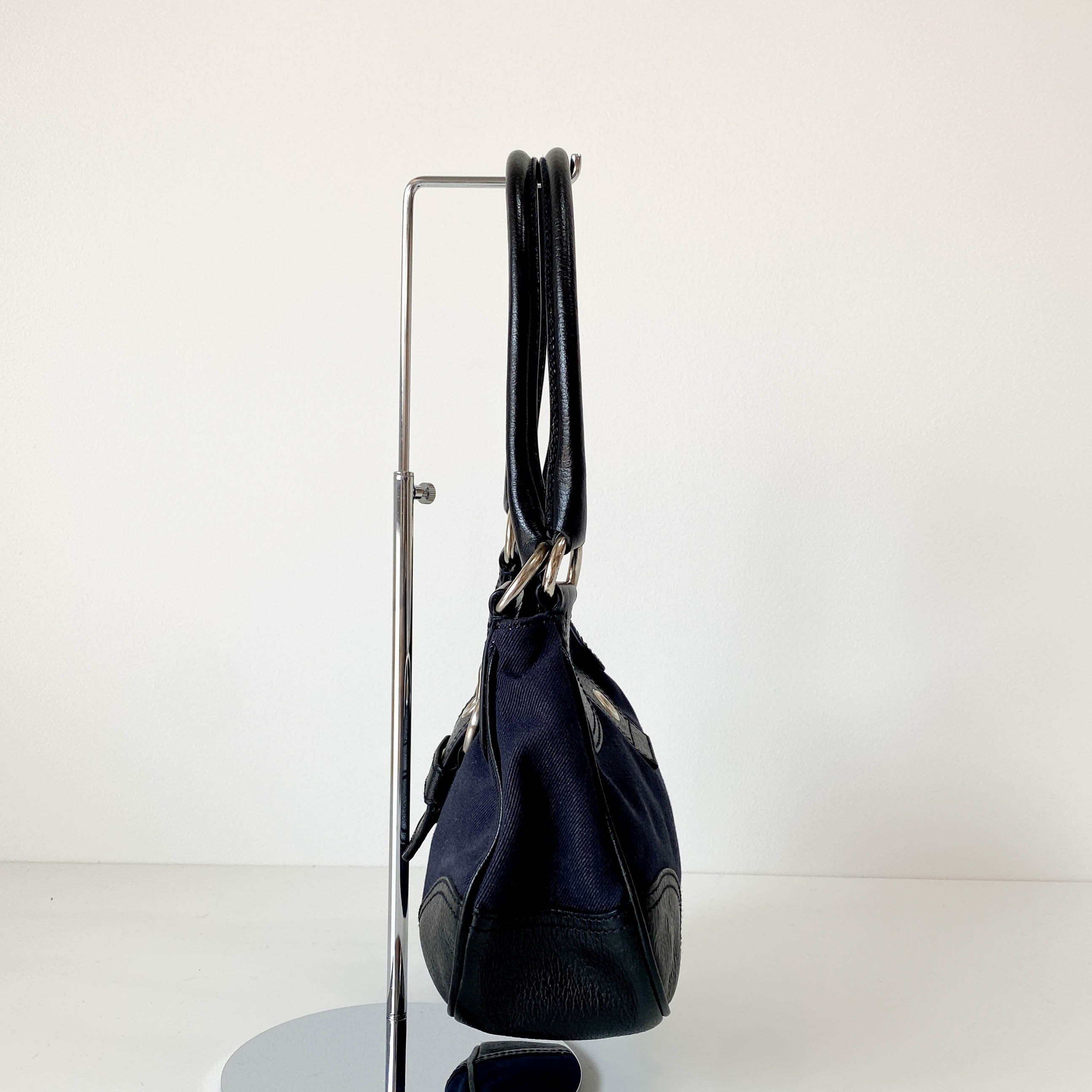 Black Denim and Leather Shoulder Bag