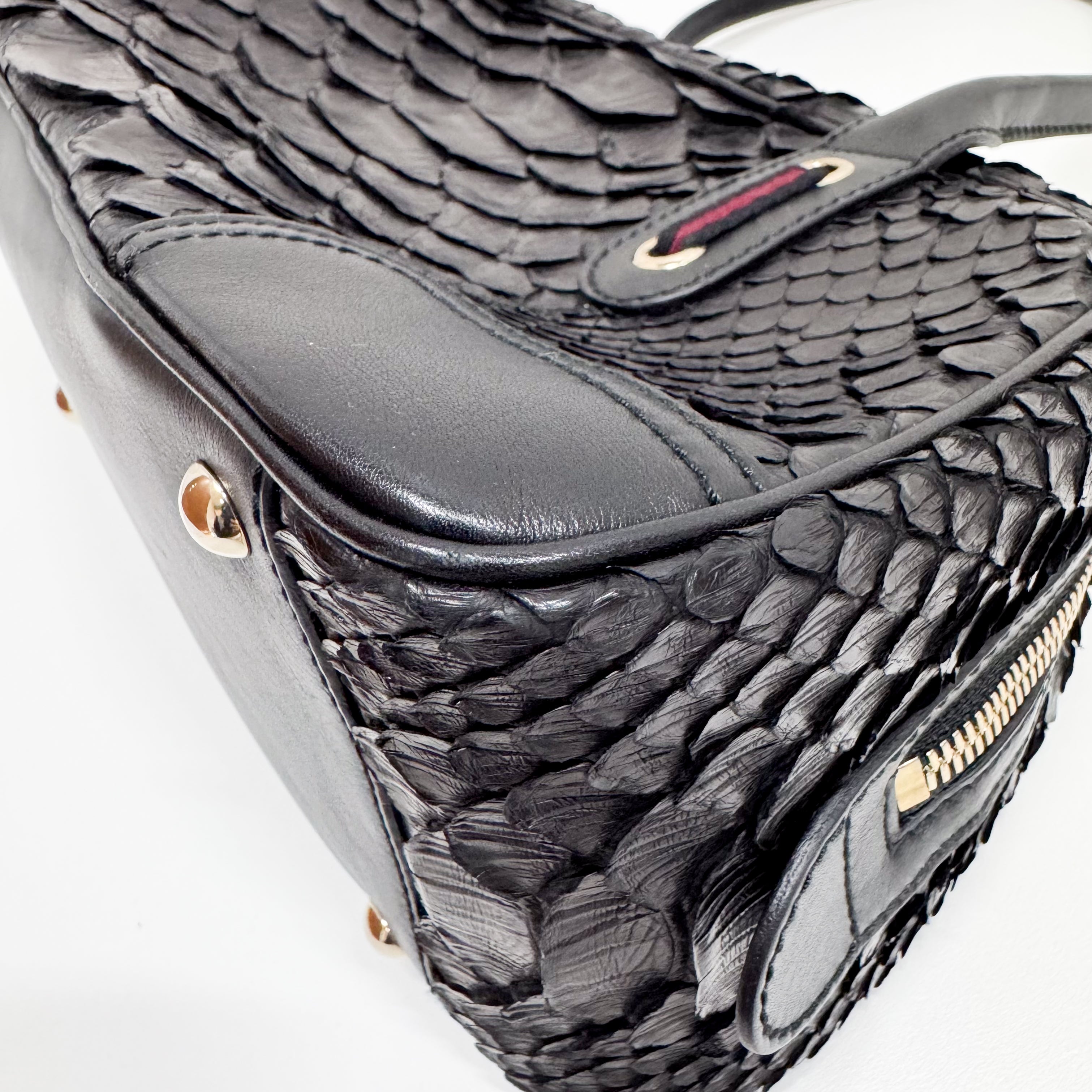 Black Croc Embossed Leather Shoulder Bag