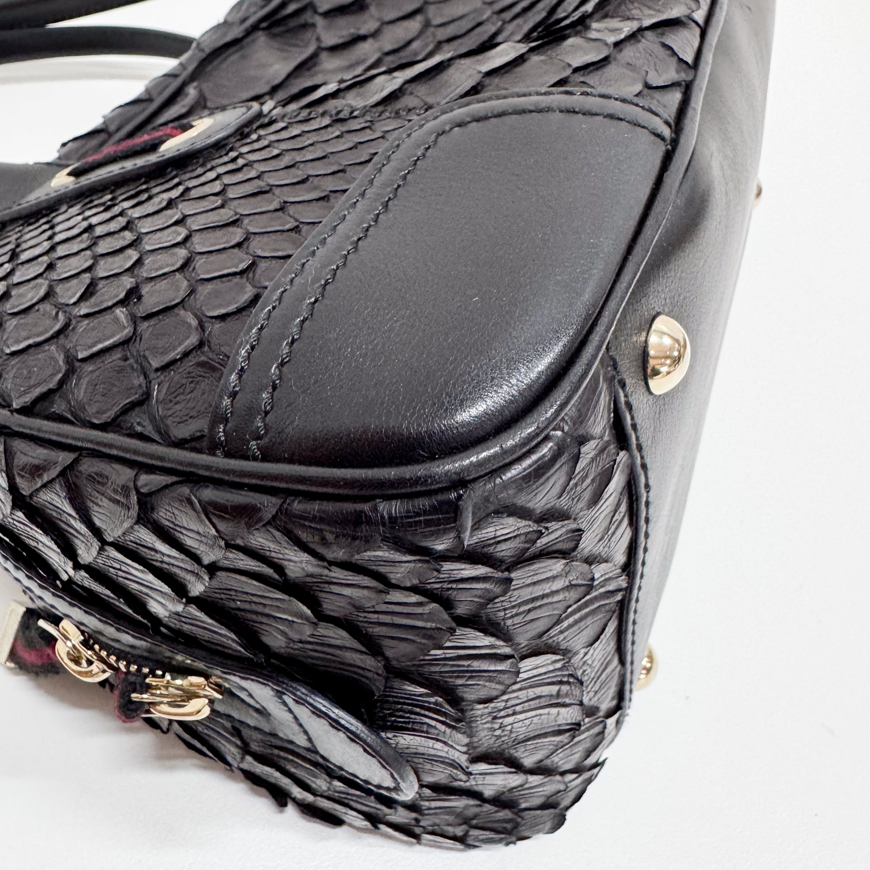 Black Croc Embossed Leather Shoulder Bag