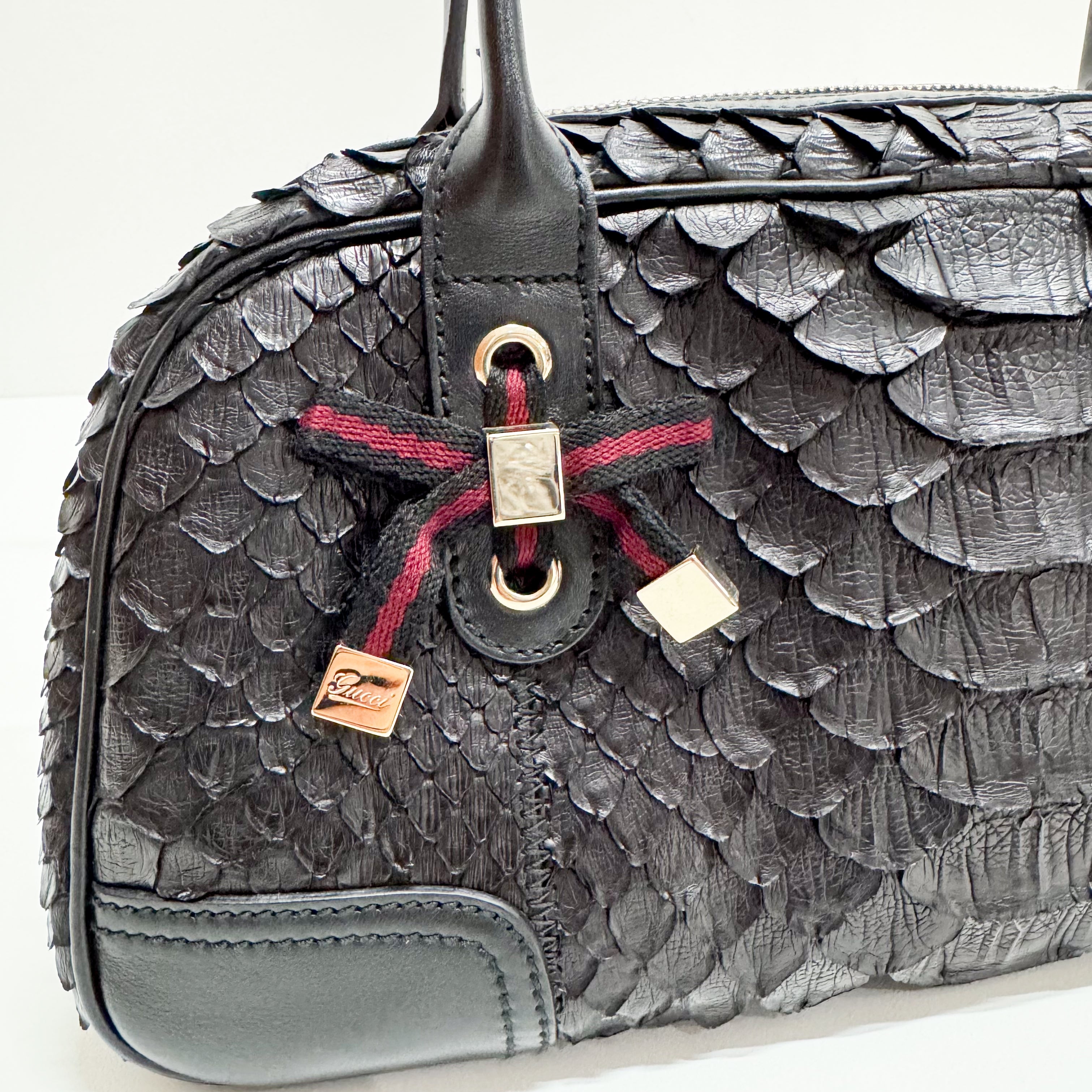 Black Croc Embossed Leather Shoulder Bag