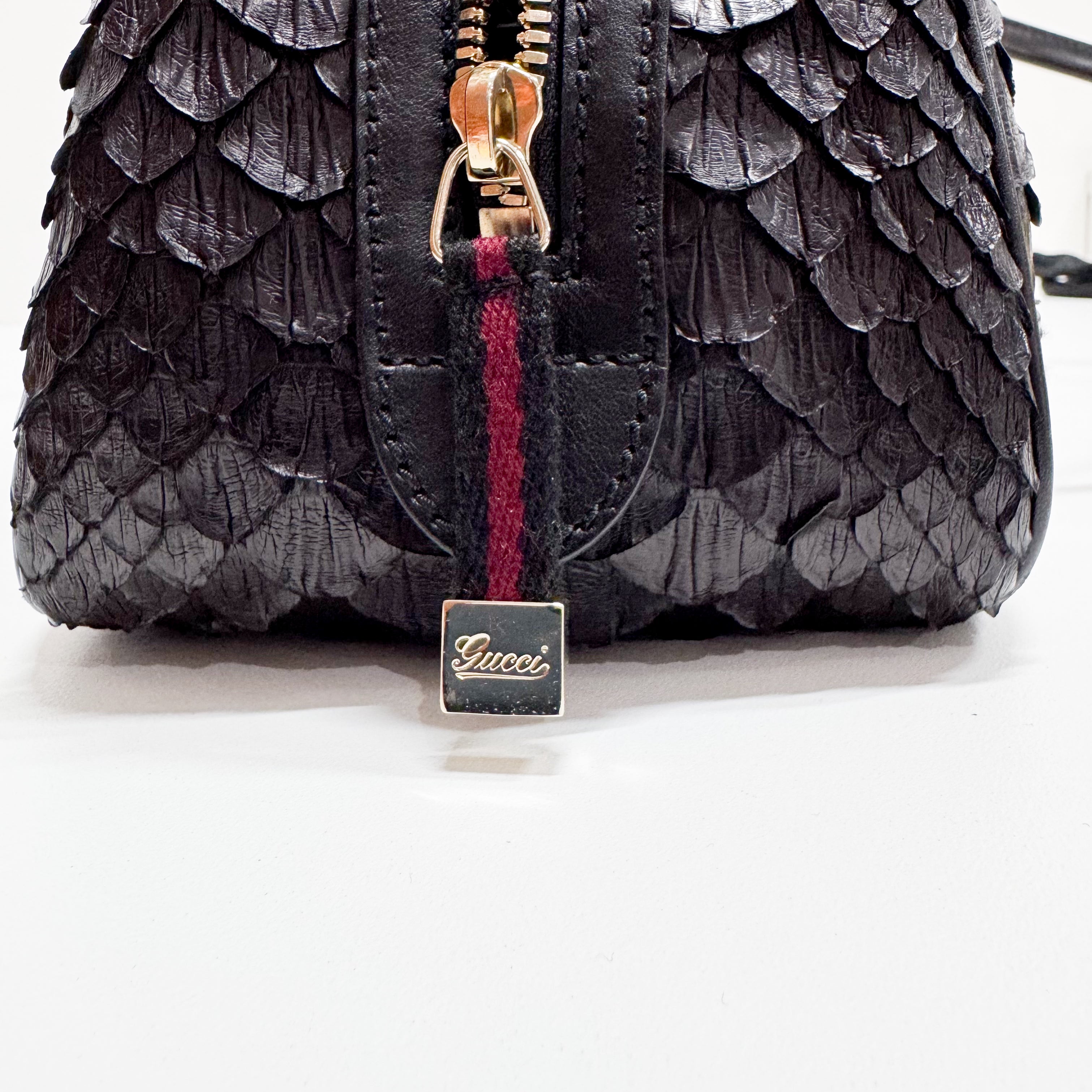 Black Croc Embossed Leather Shoulder Bag