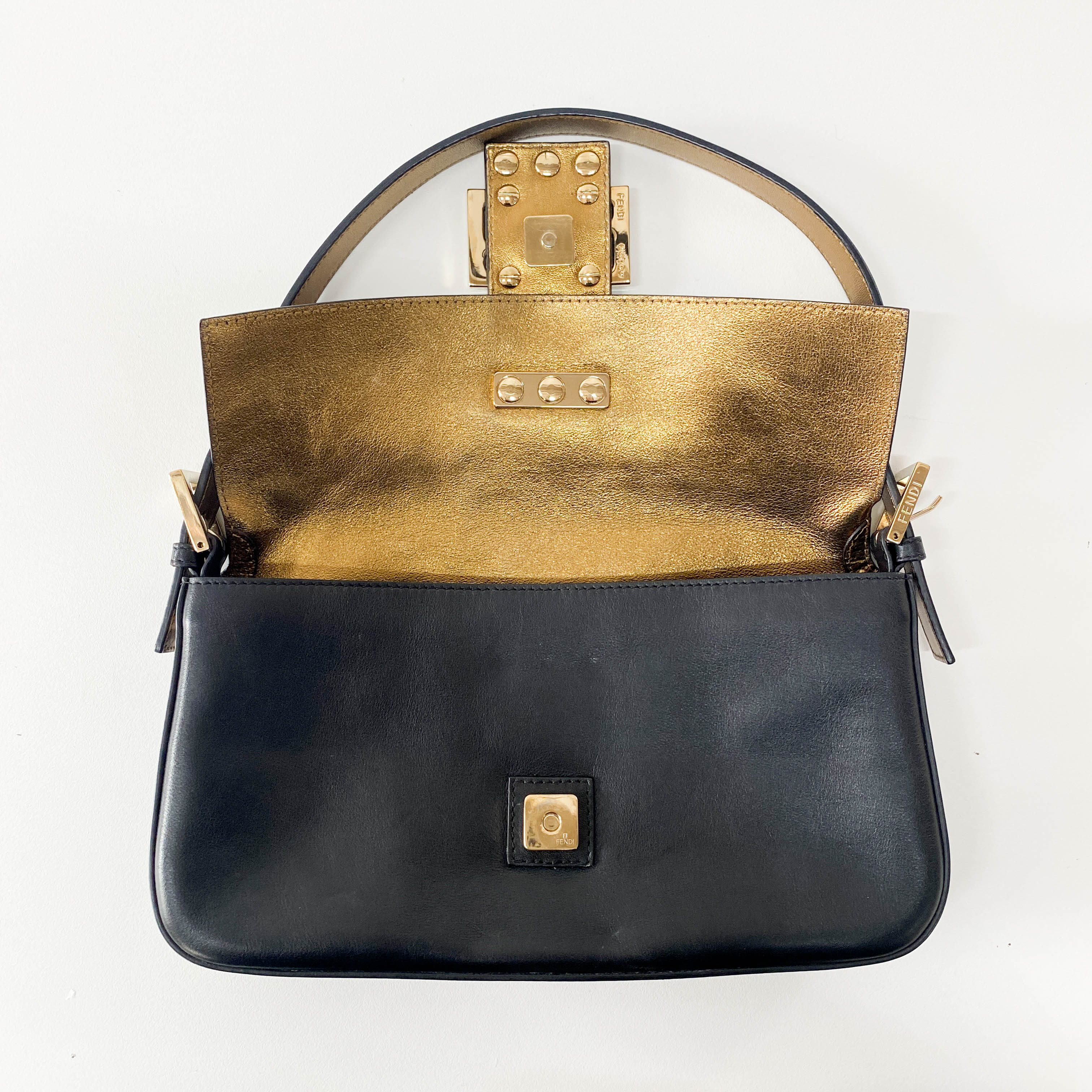 Baguette Black Leather Gold Hardware Shoulder Bag