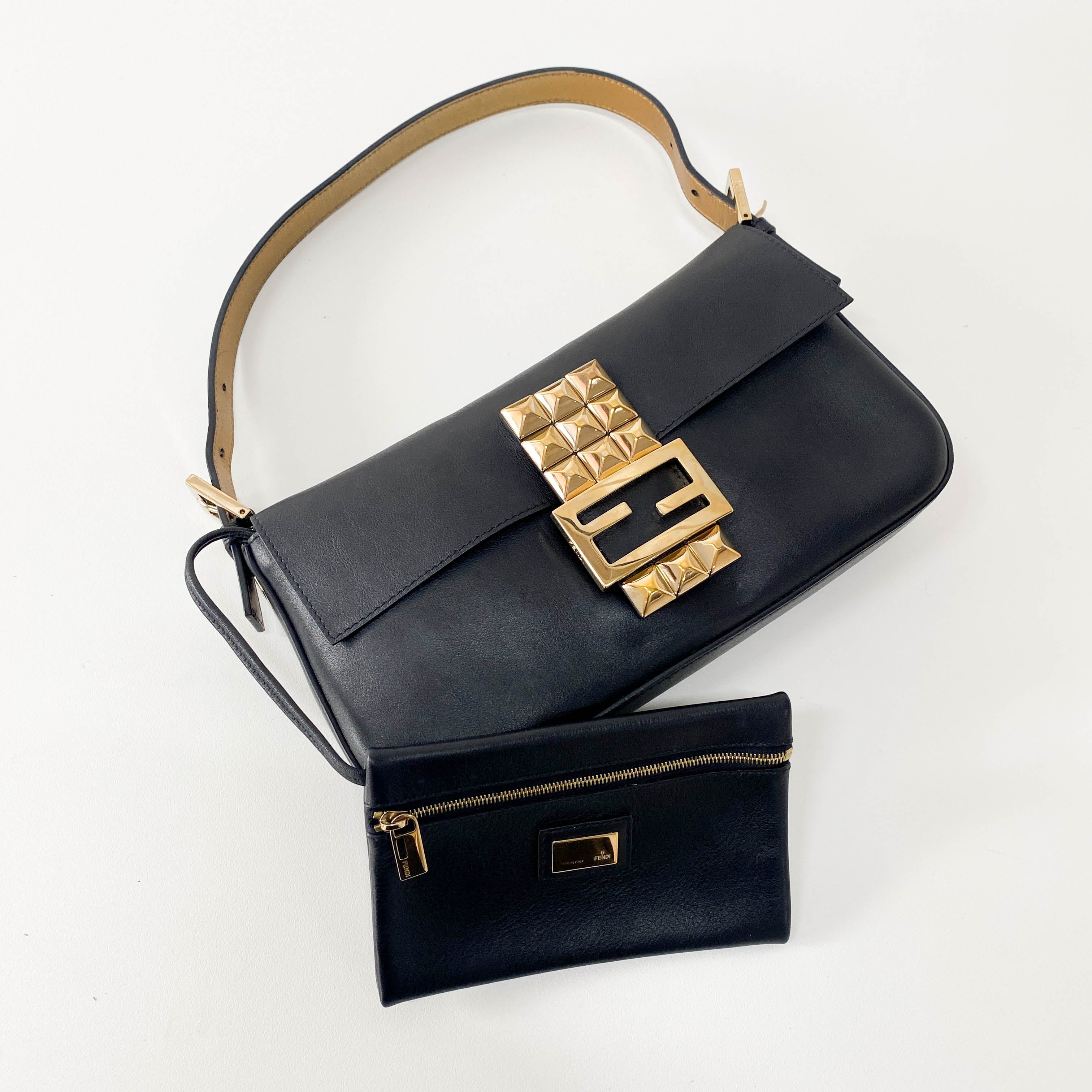 Baguette Black Leather Gold Hardware Shoulder Bag