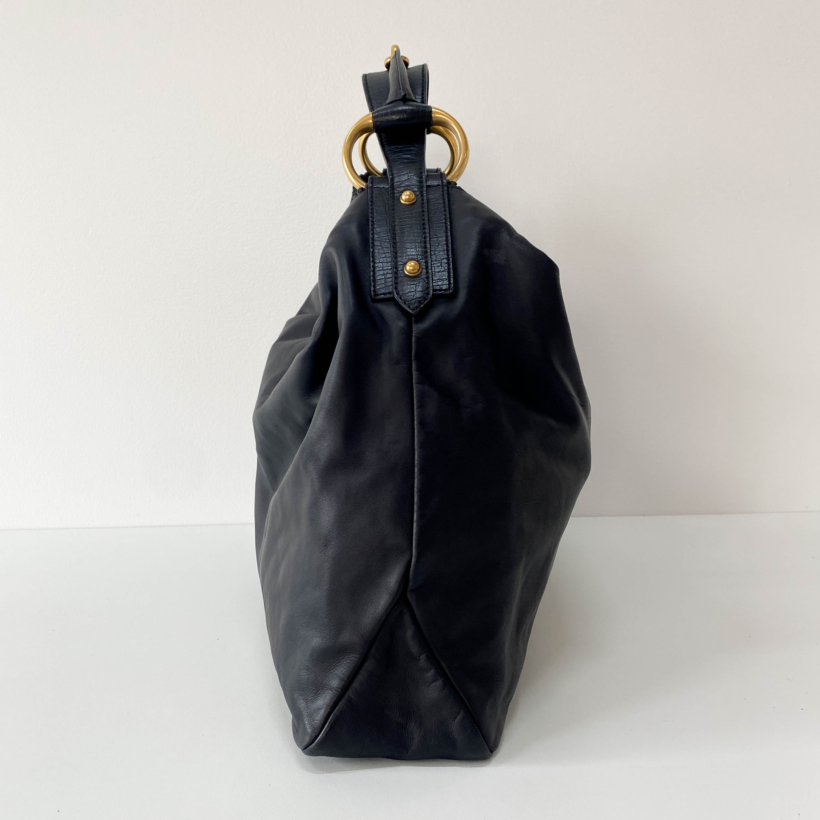 Horsebit Black Leather Hobo Shoulder Bag