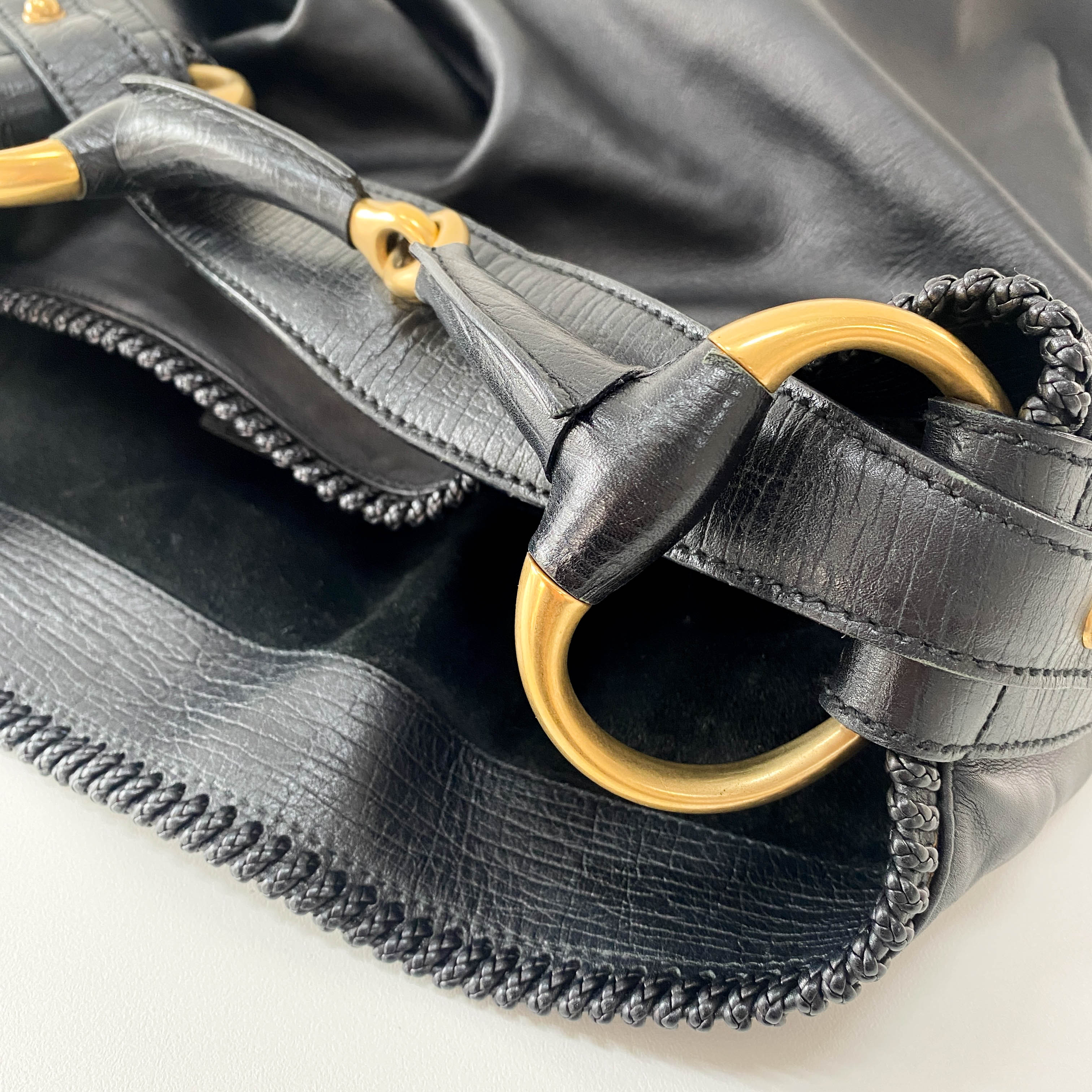 Horsebit Black Leather Hobo Shoulder Bag