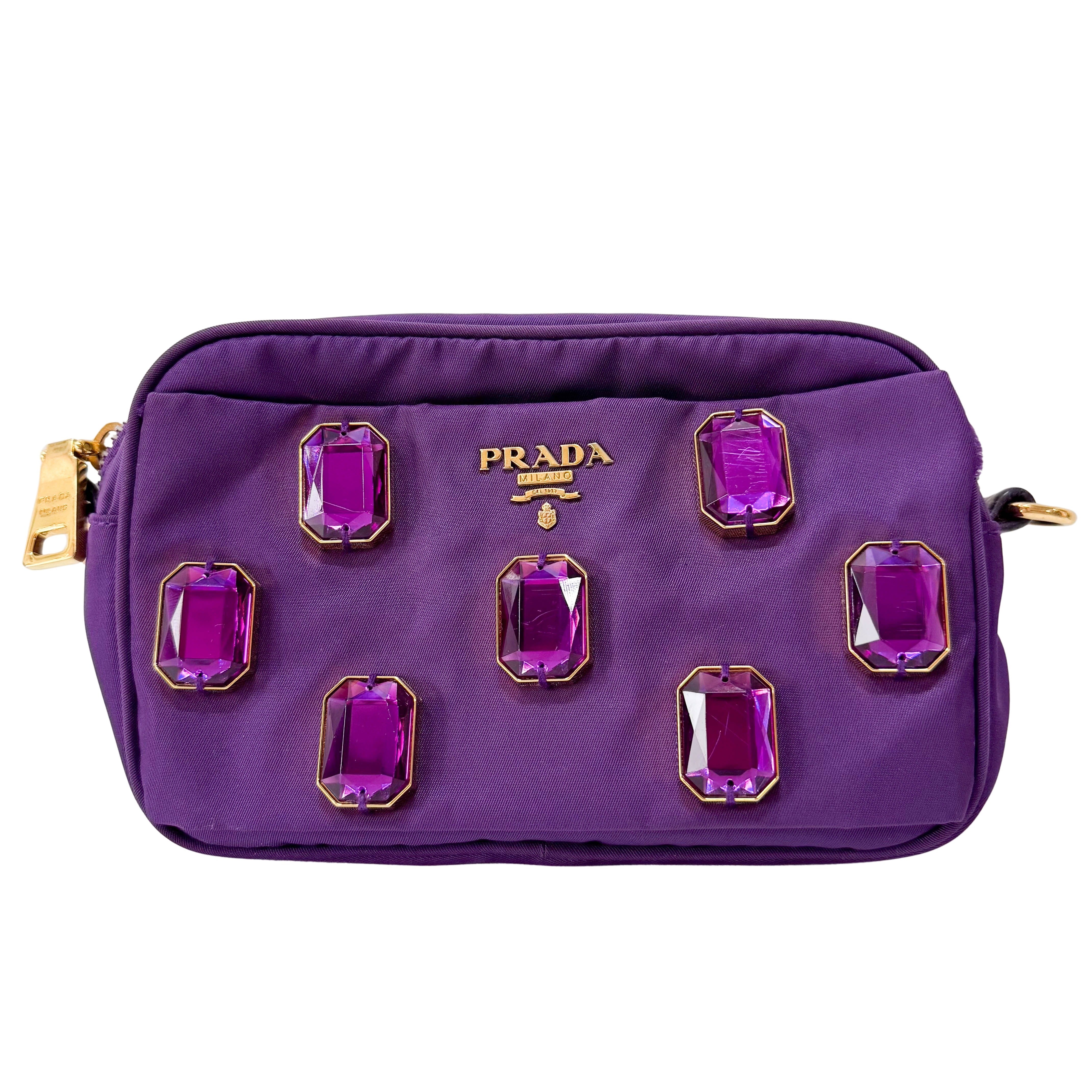 Purple Crystals Nylon Pochette Shoulder Bag