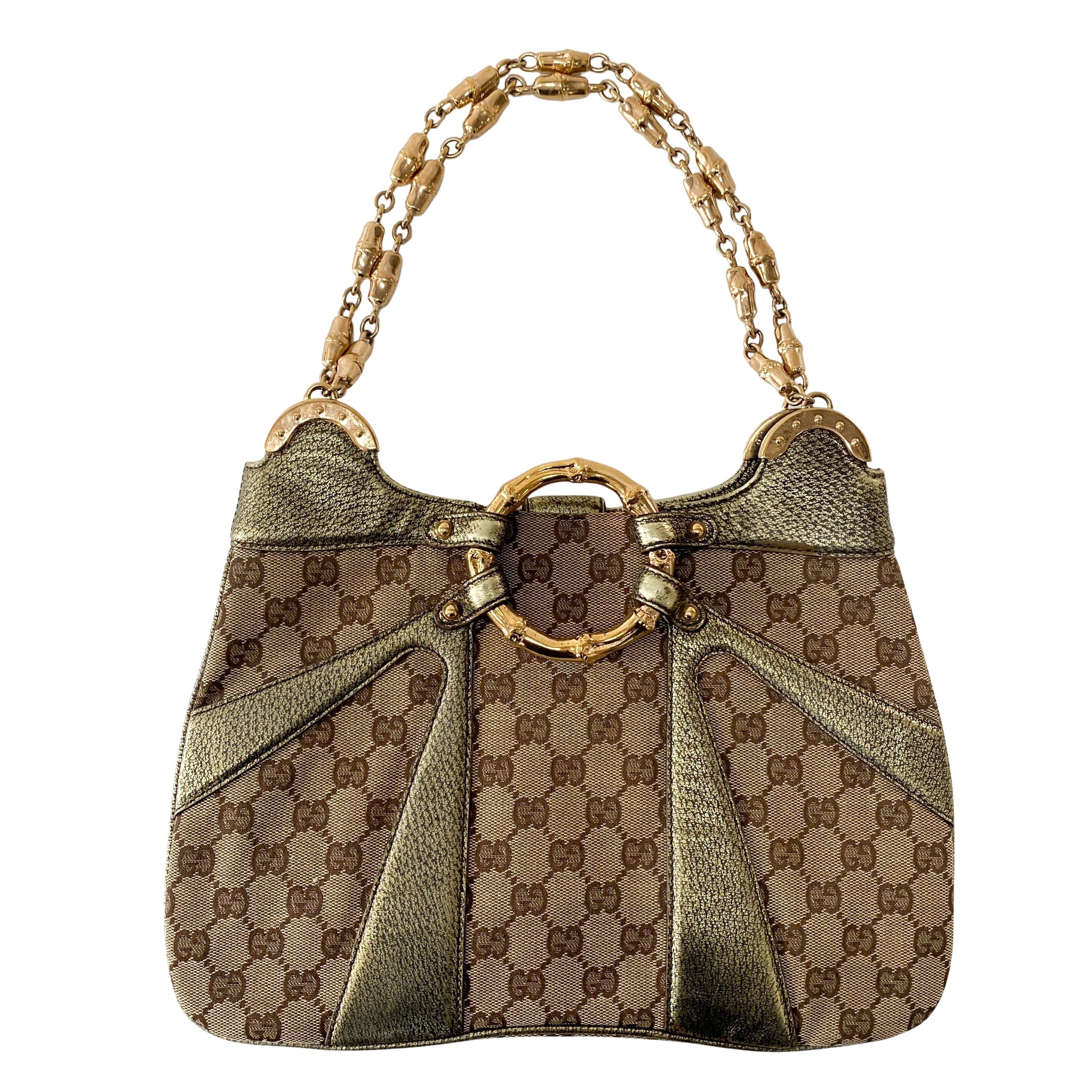 GG Canvas Gold Leather Bamboo Metal Chain Shoulder Bag