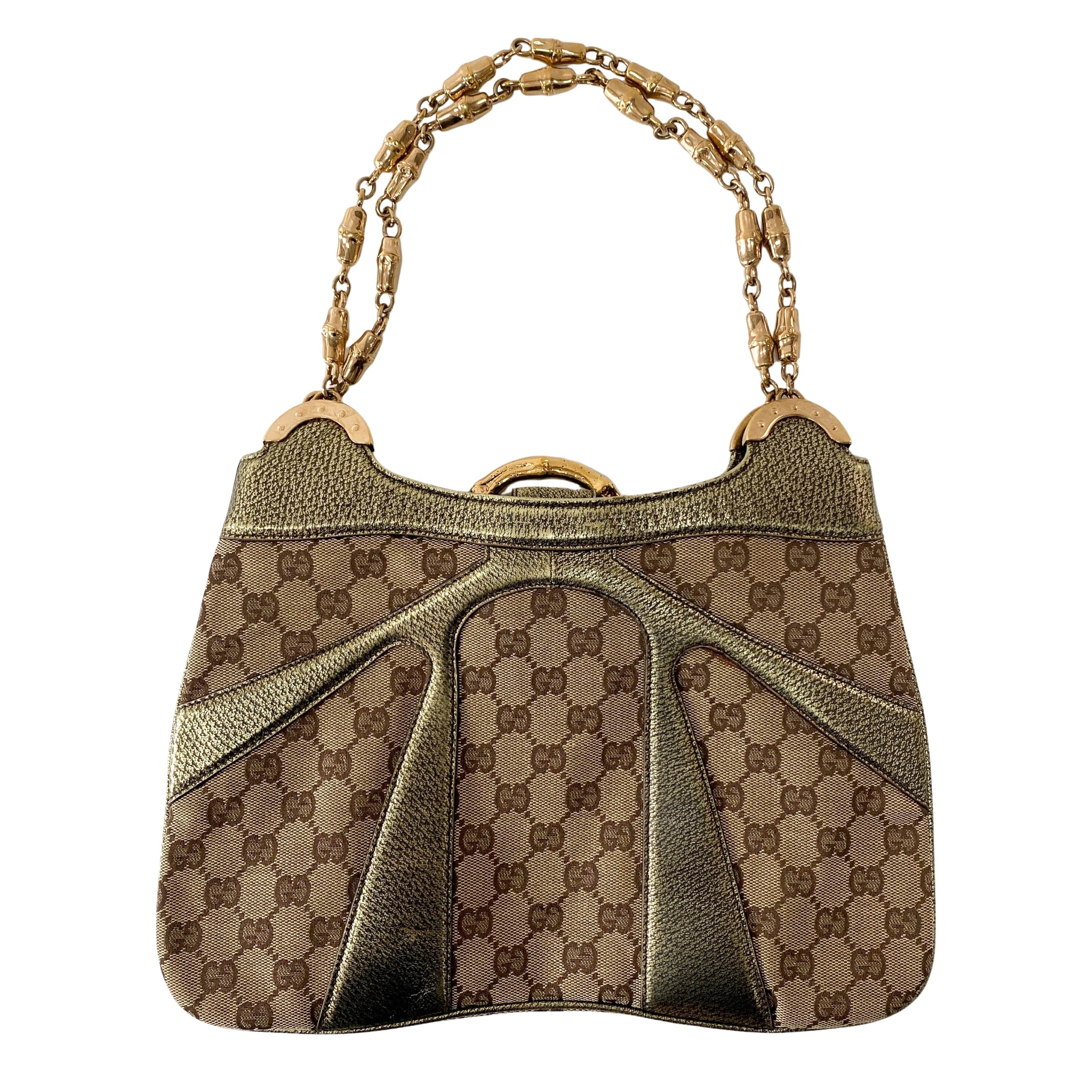 GG Canvas Gold Leather Bamboo Metal Chain Shoulder Bag