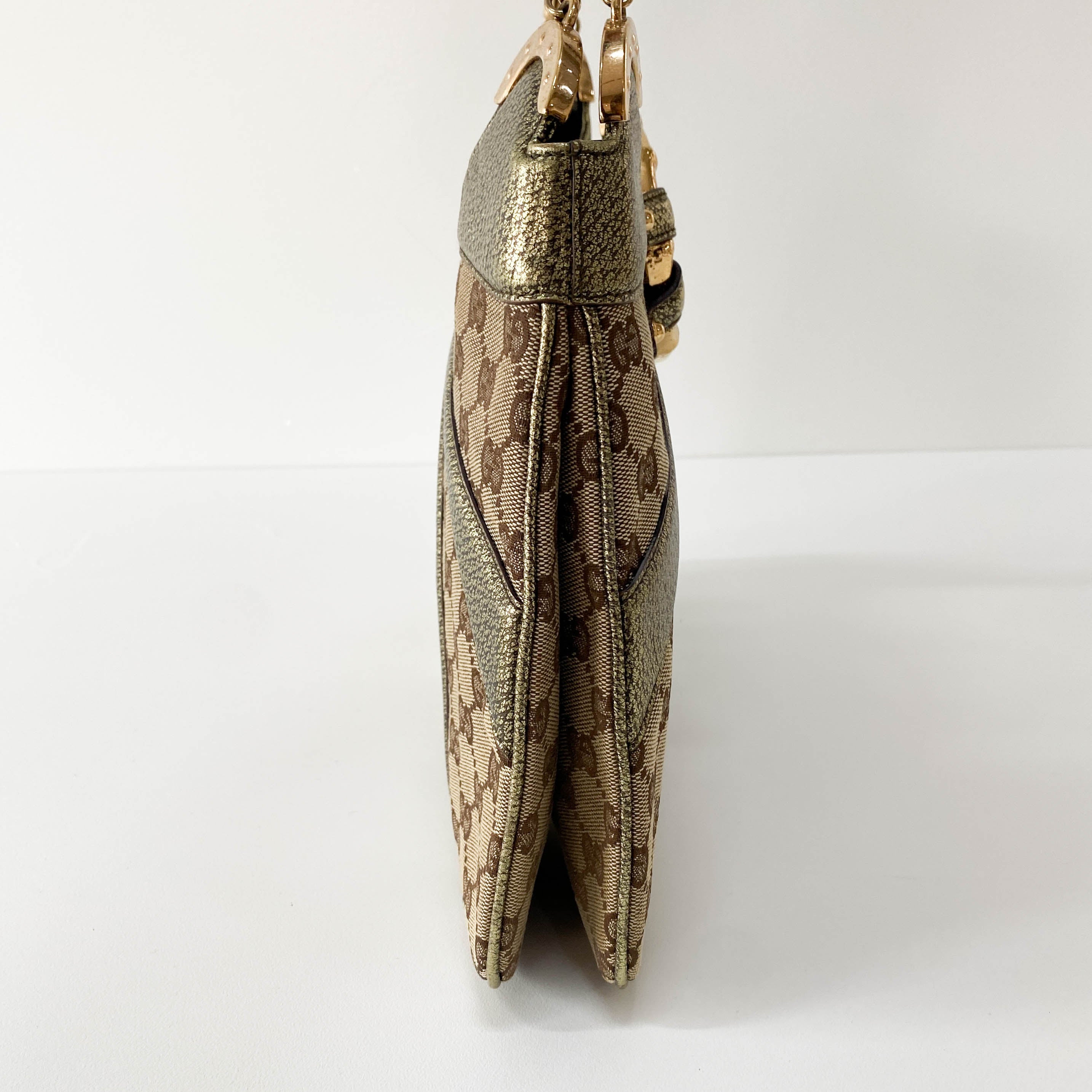 GG Canvas Gold Leather Bamboo Metal Chain Shoulder Bag