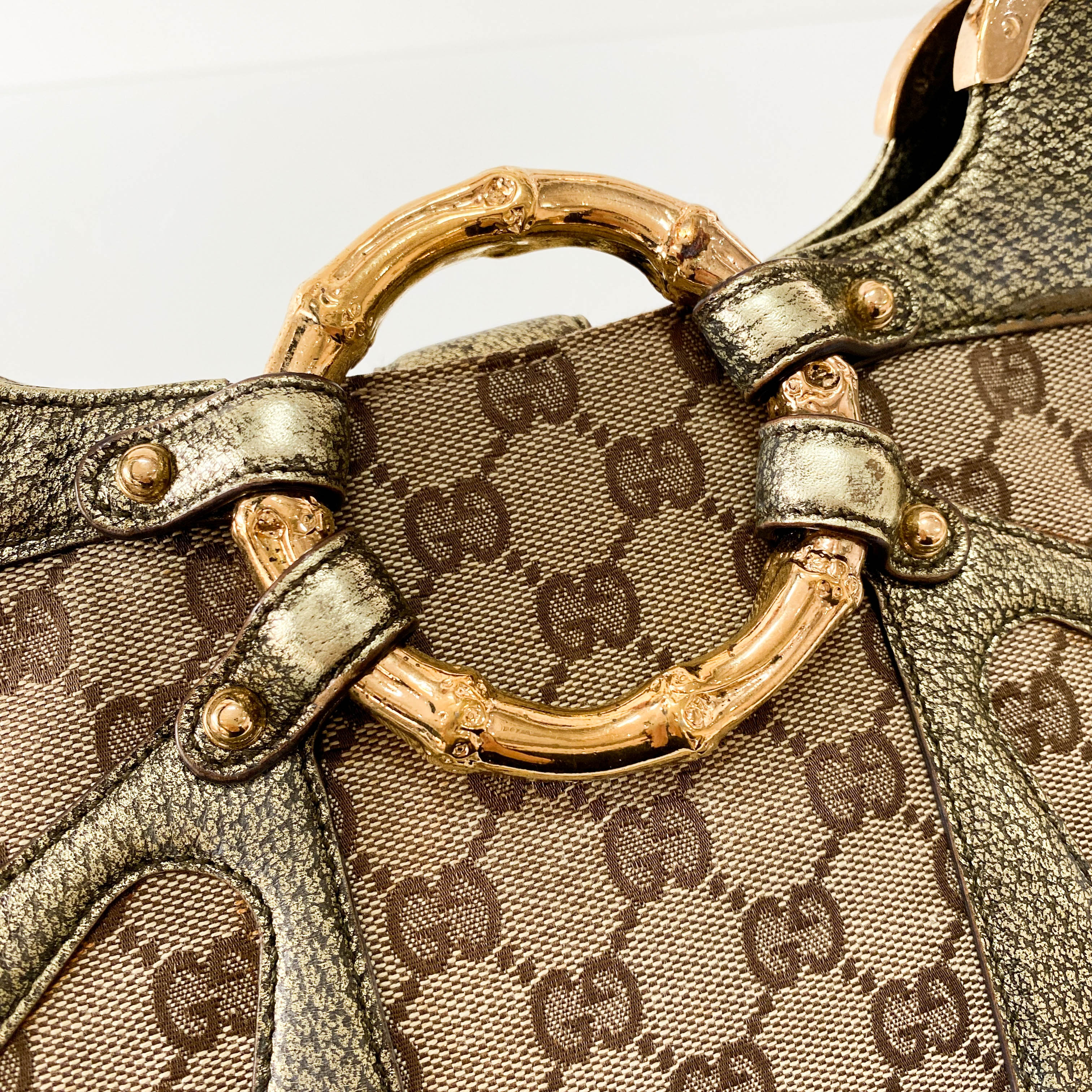 GG Canvas Gold Leather Bamboo Metal Chain Shoulder Bag