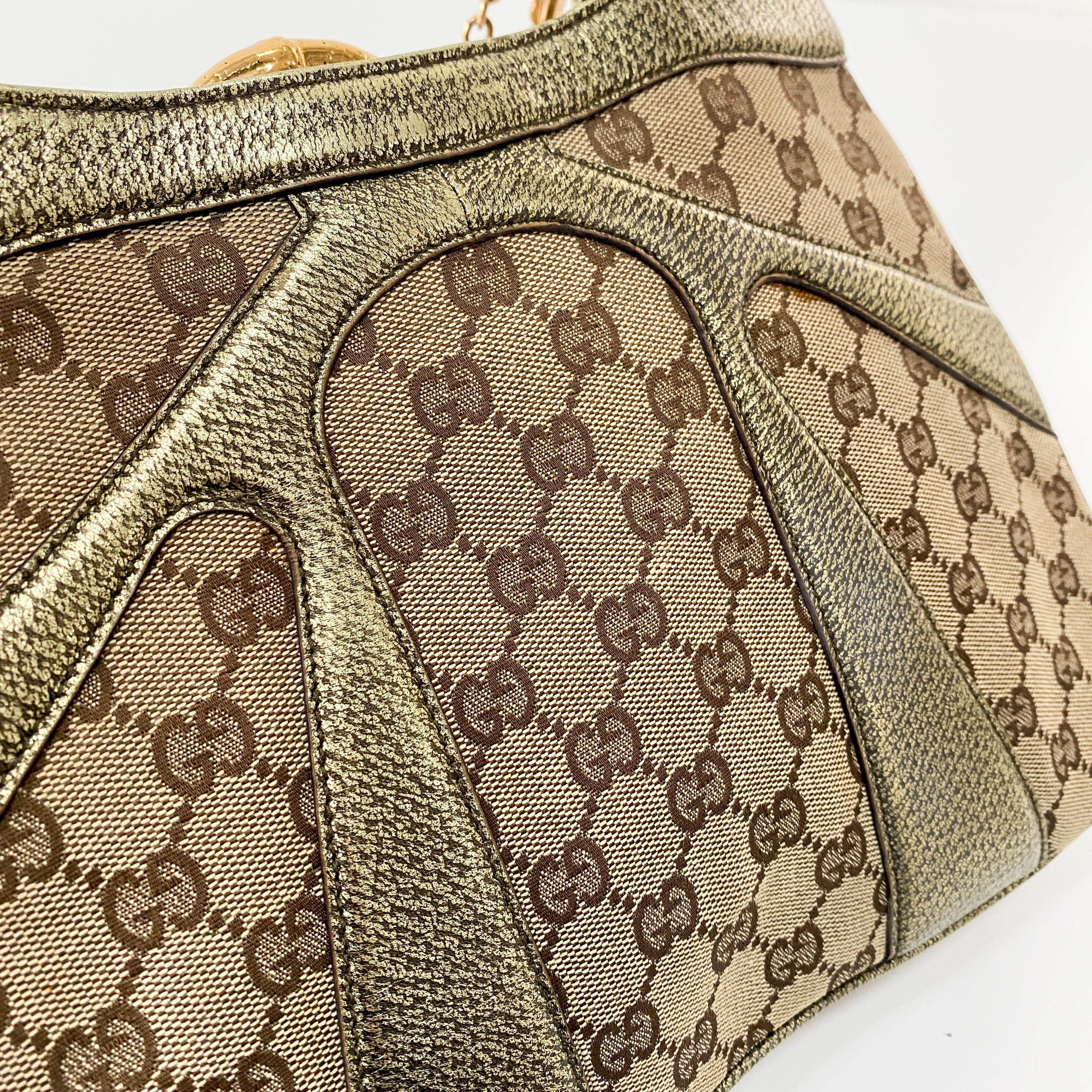 GG Canvas Gold Leather Bamboo Metal Chain Shoulder Bag