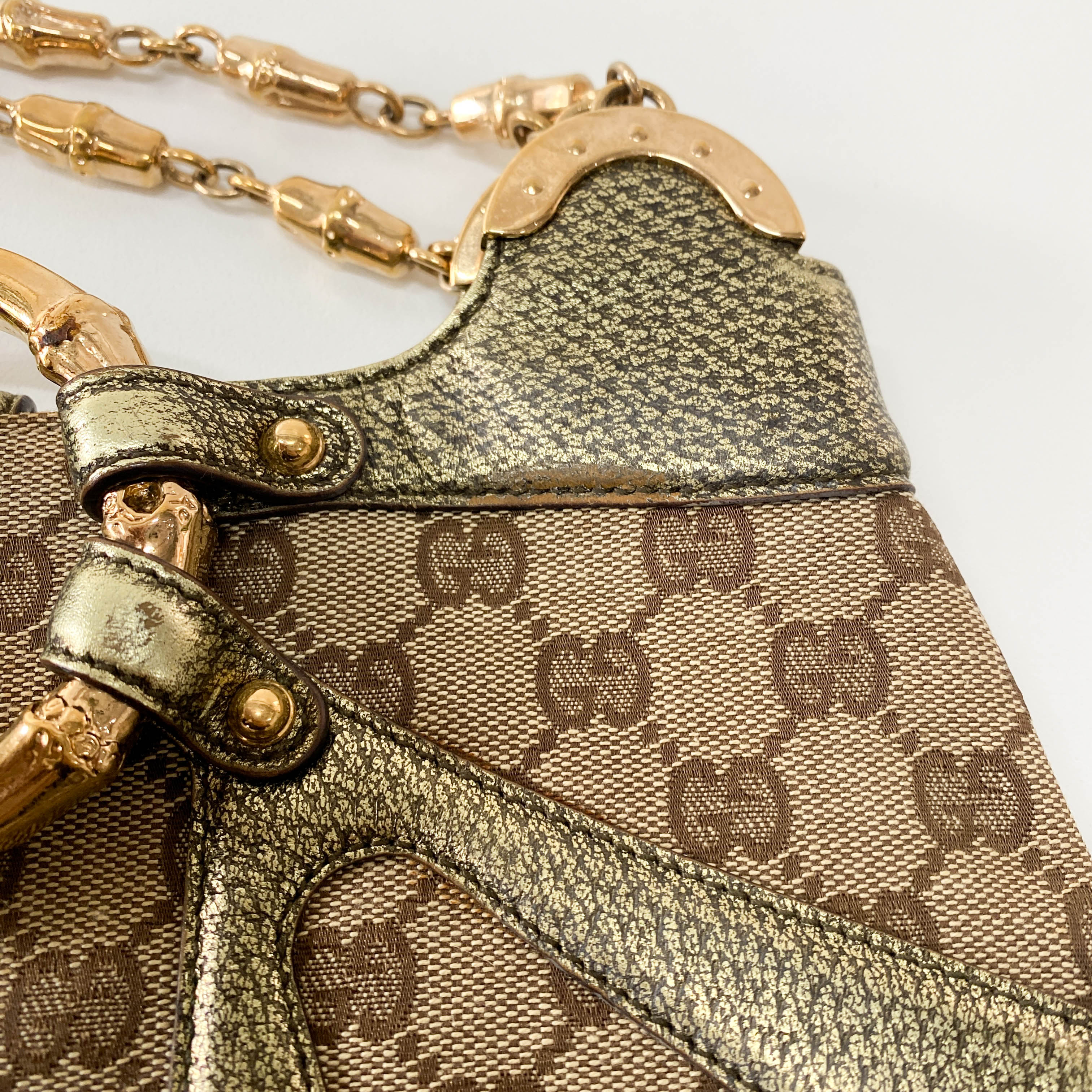 GG Canvas Gold Leather Bamboo Metal Chain Shoulder Bag