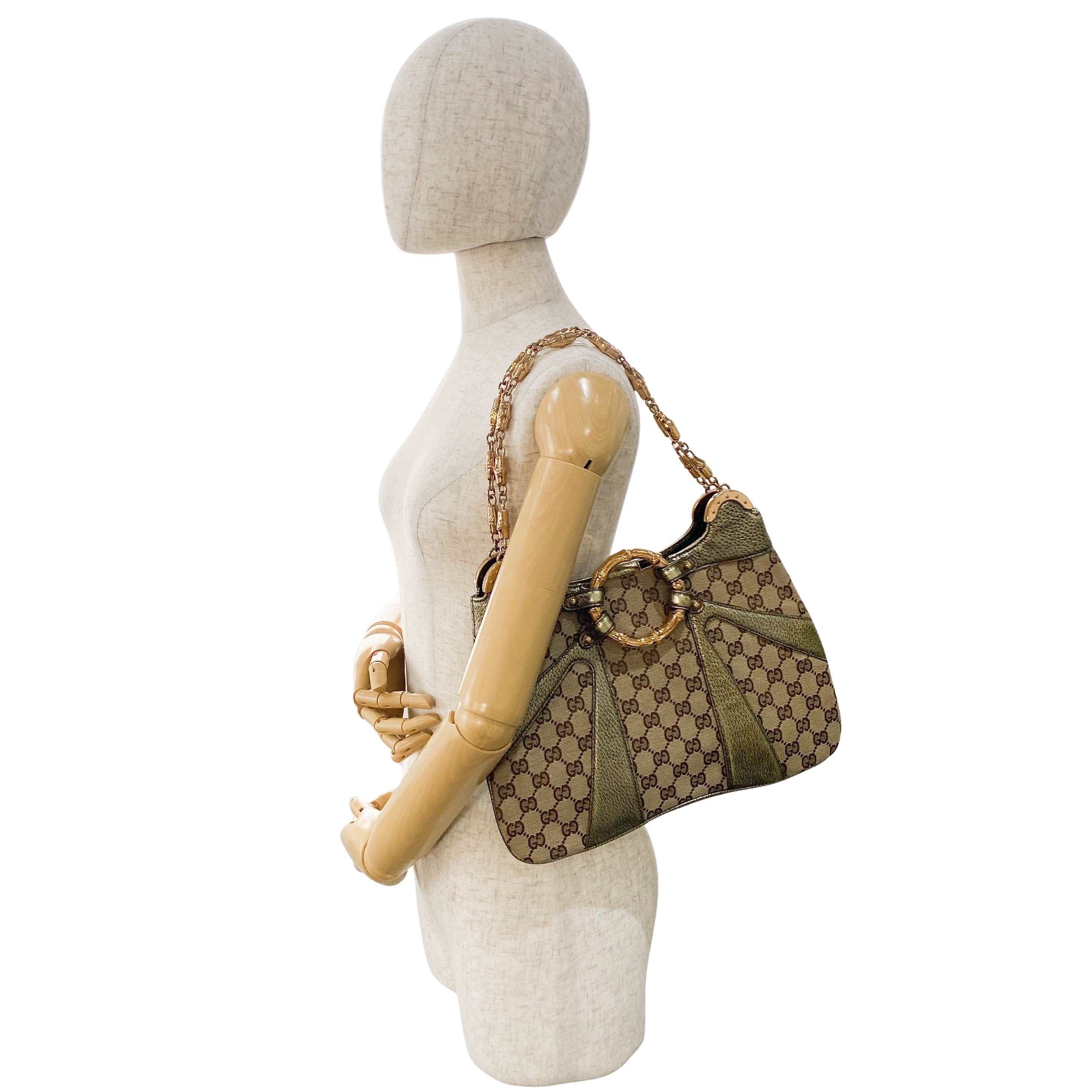 GG Canvas Gold Leather Bamboo Metal Chain Shoulder Bag