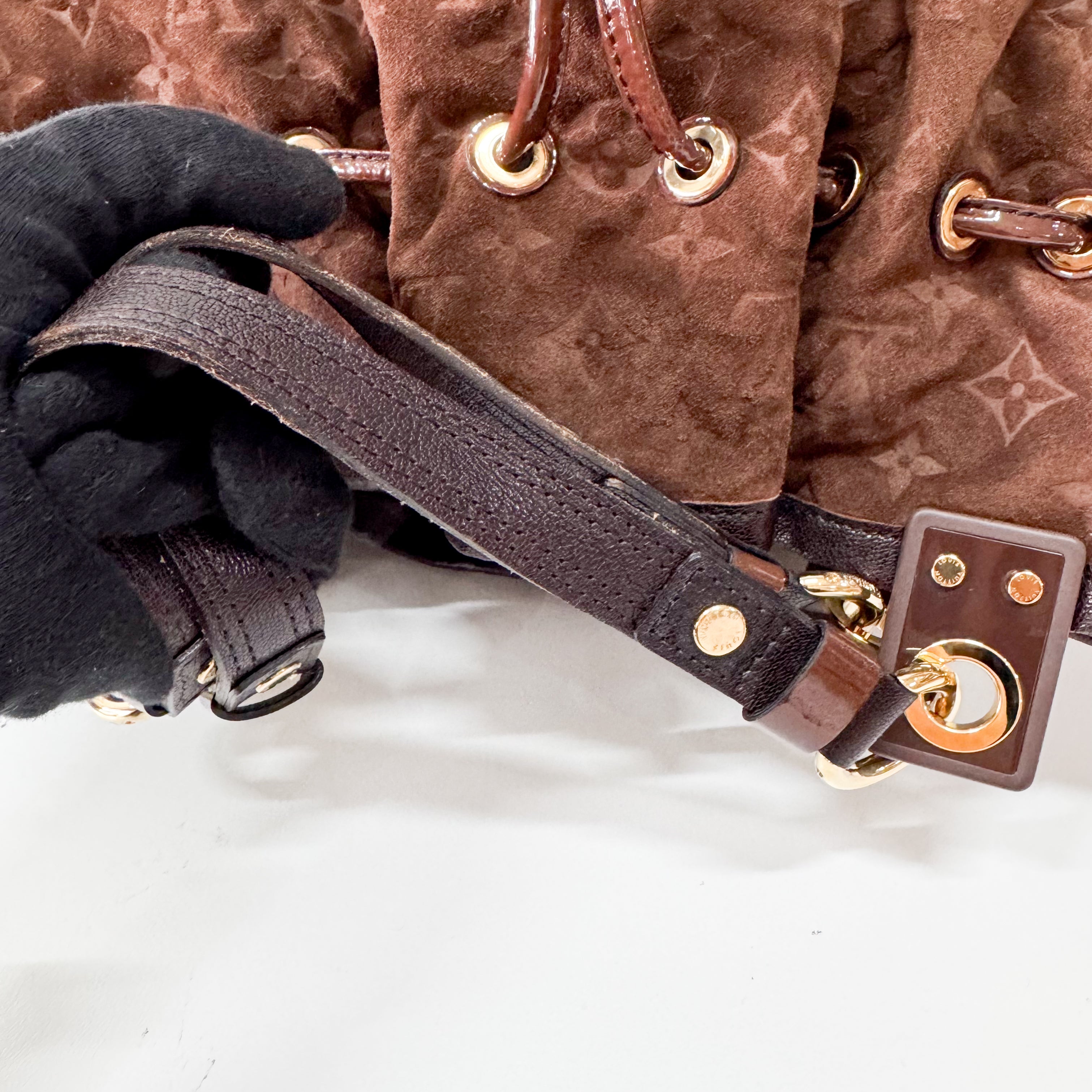 Irene Monogram Brown Suede Shoulder Bag