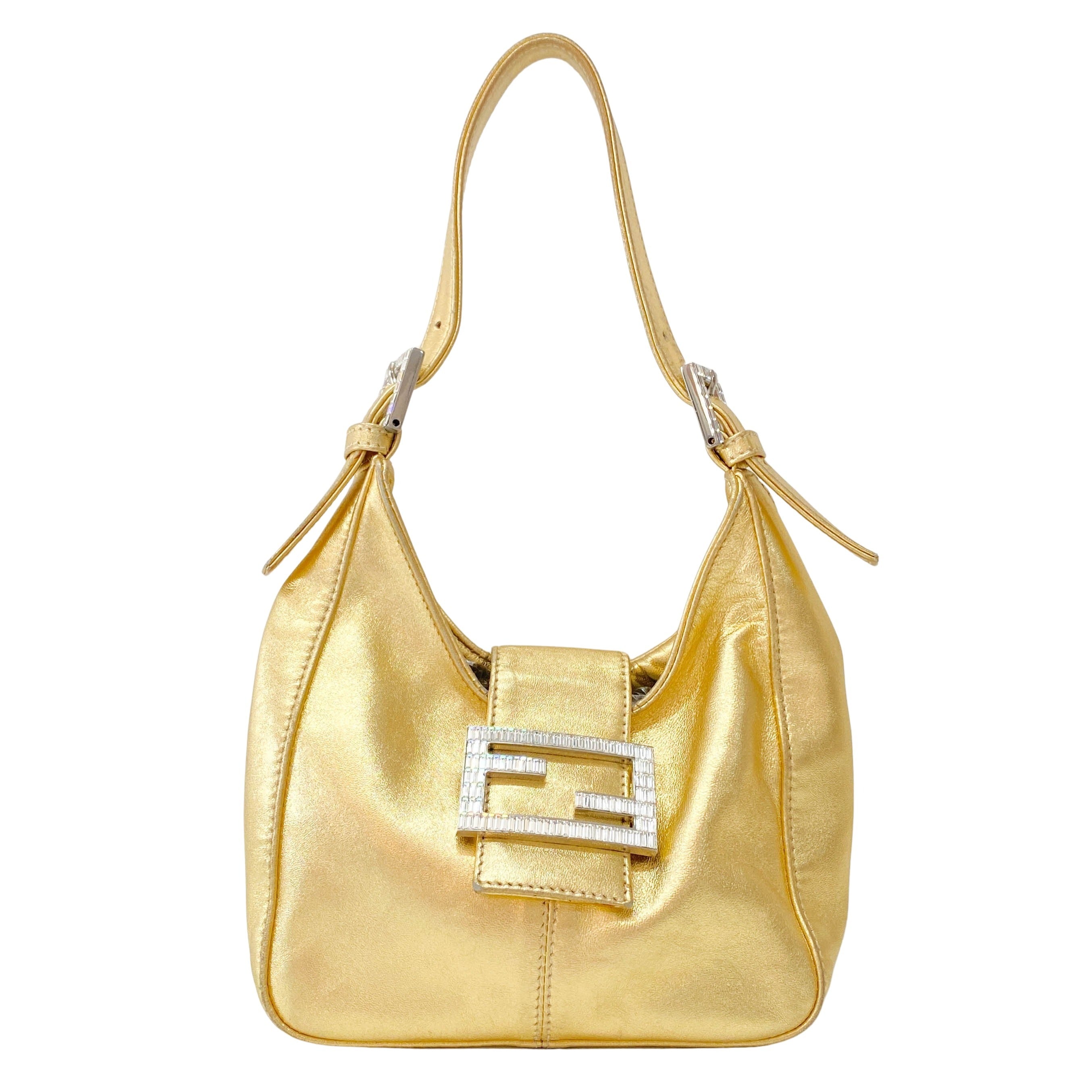 Rhinestone Buckle in Gold Leather Shoulder Bag