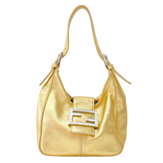 Silver Rhinestone Buckle in Gold Leather