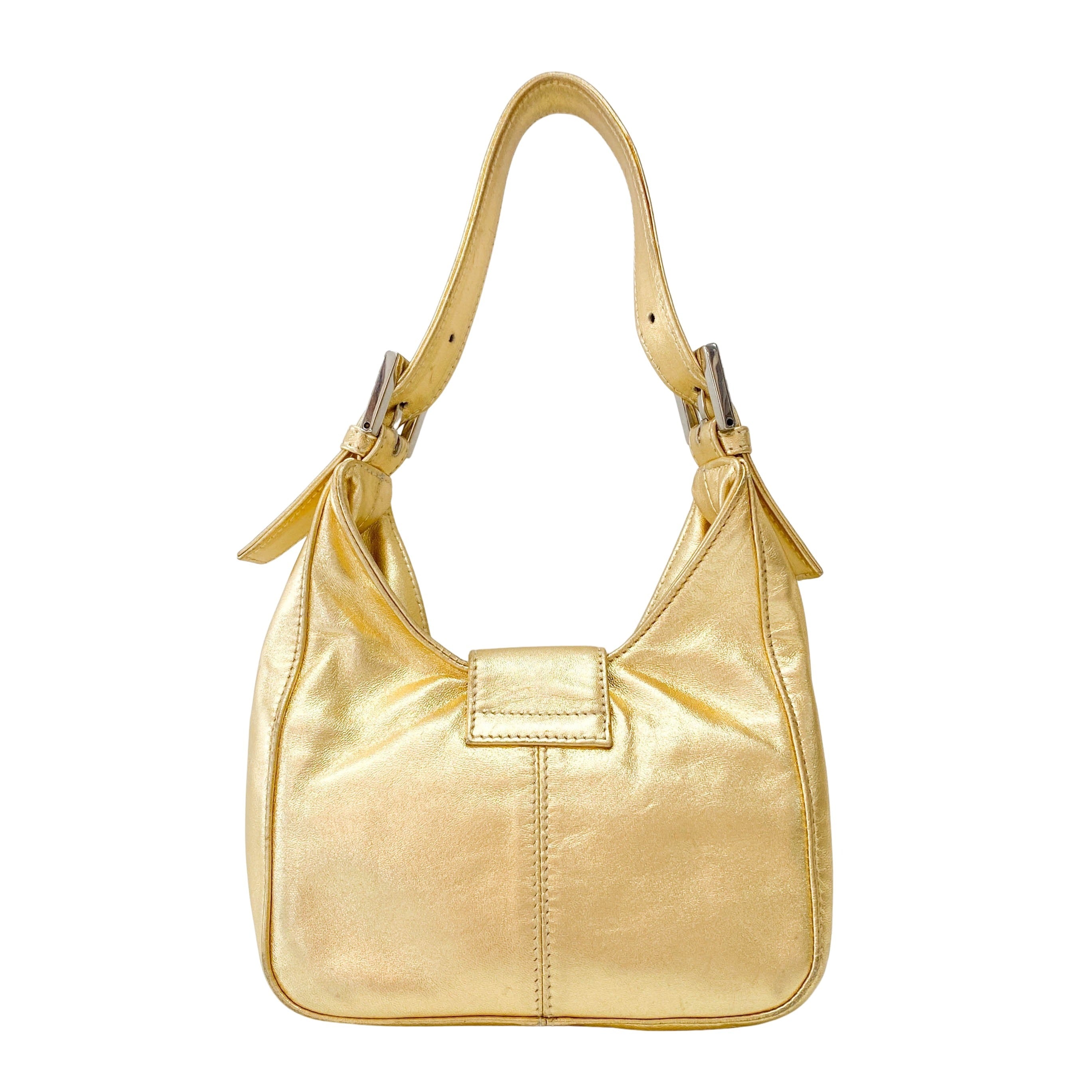 Rhinestone Buckle in Gold Leather Shoulder Bag