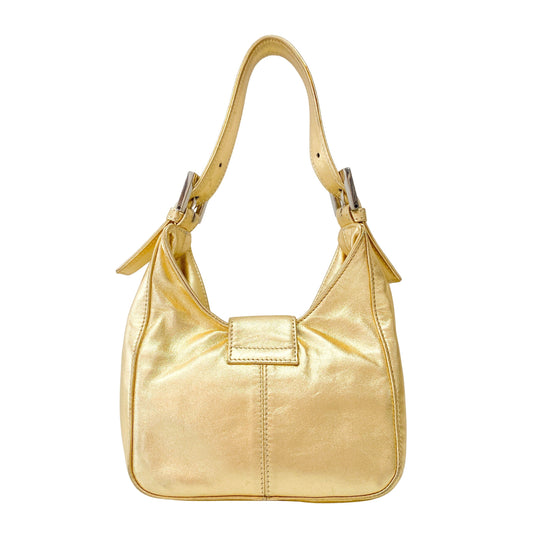 Rhinestone Buckle in Gold Leather Shoulder Bag