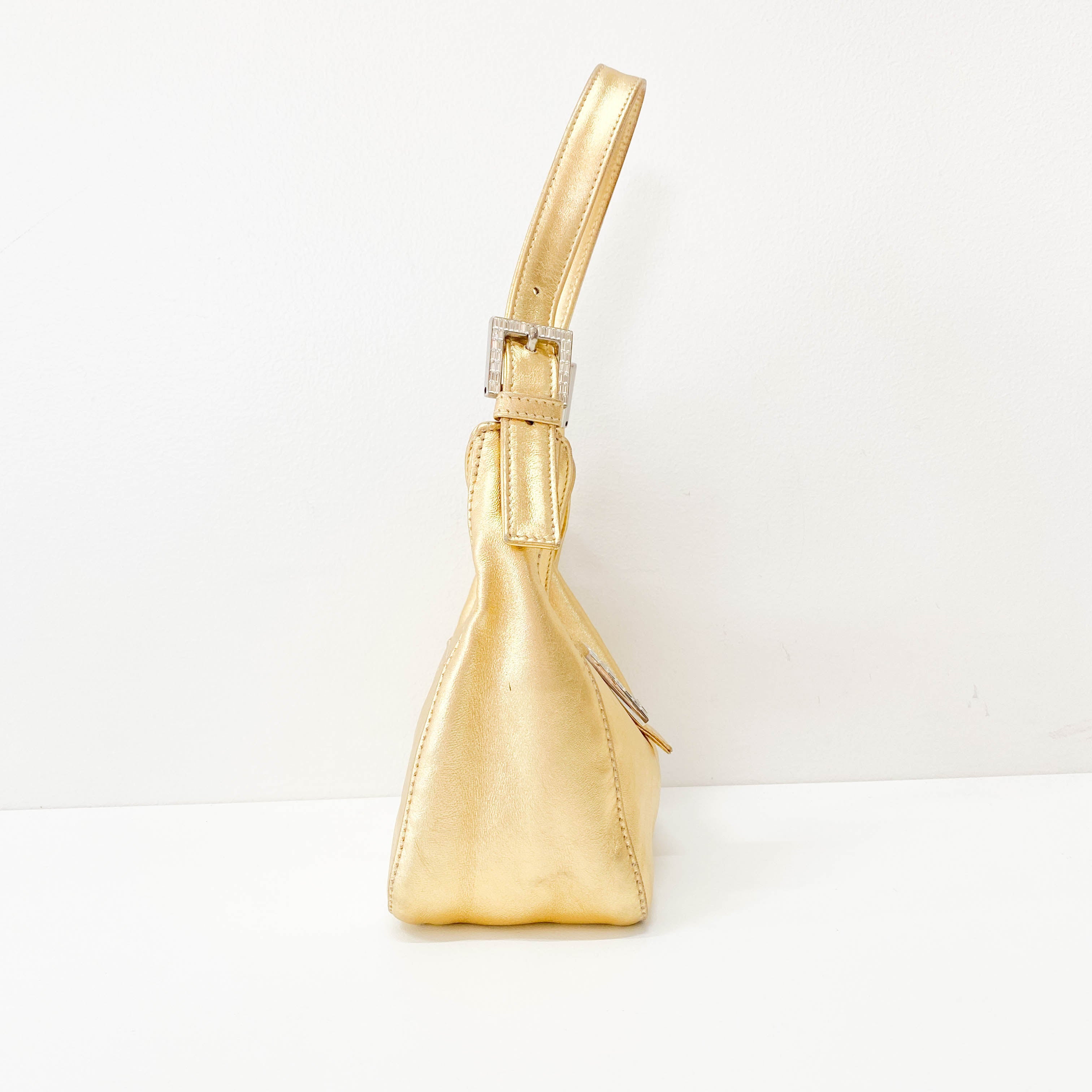 Rhinestone Buckle in Gold Leather Shoulder Bag