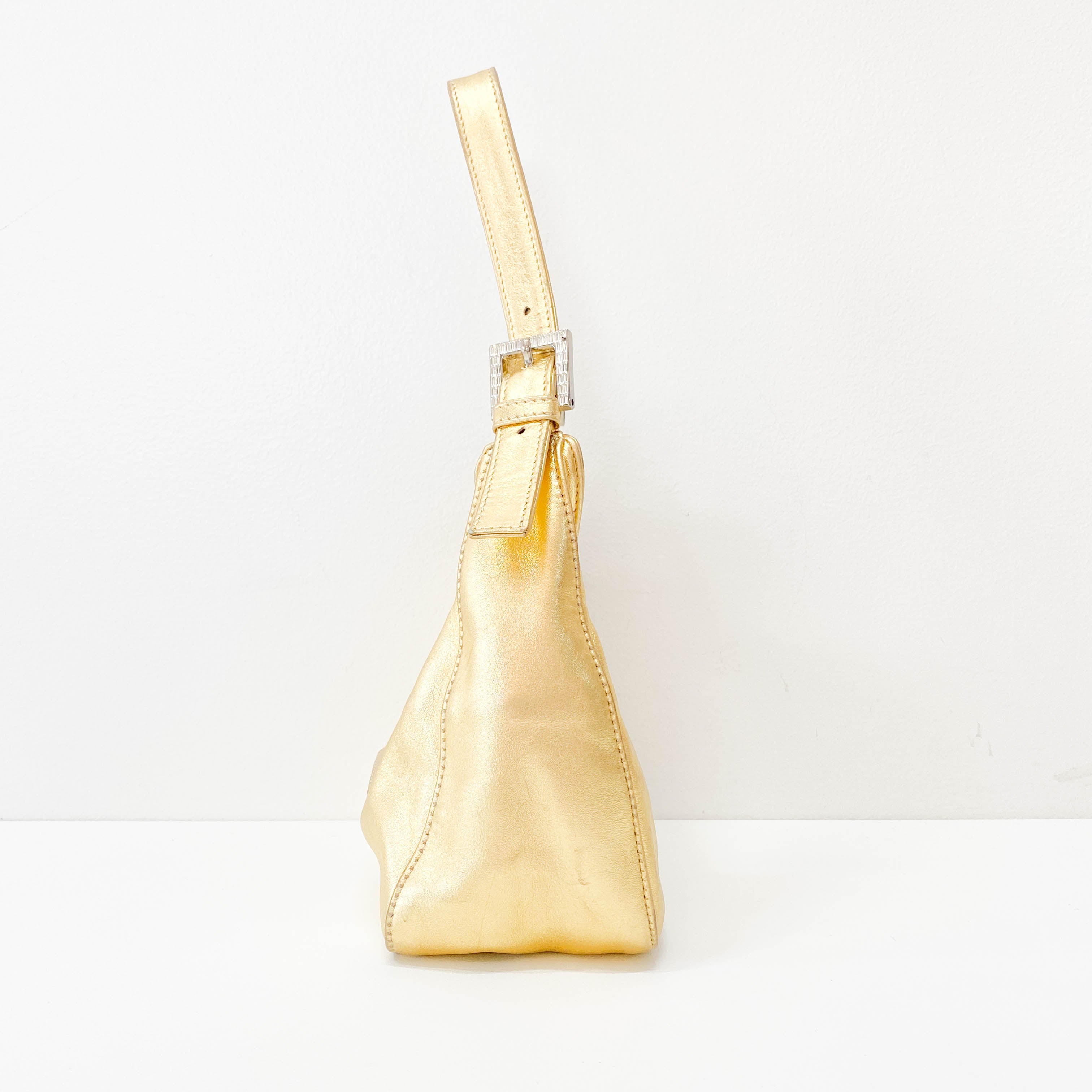 Rhinestone Buckle in Gold Leather Shoulder Bag