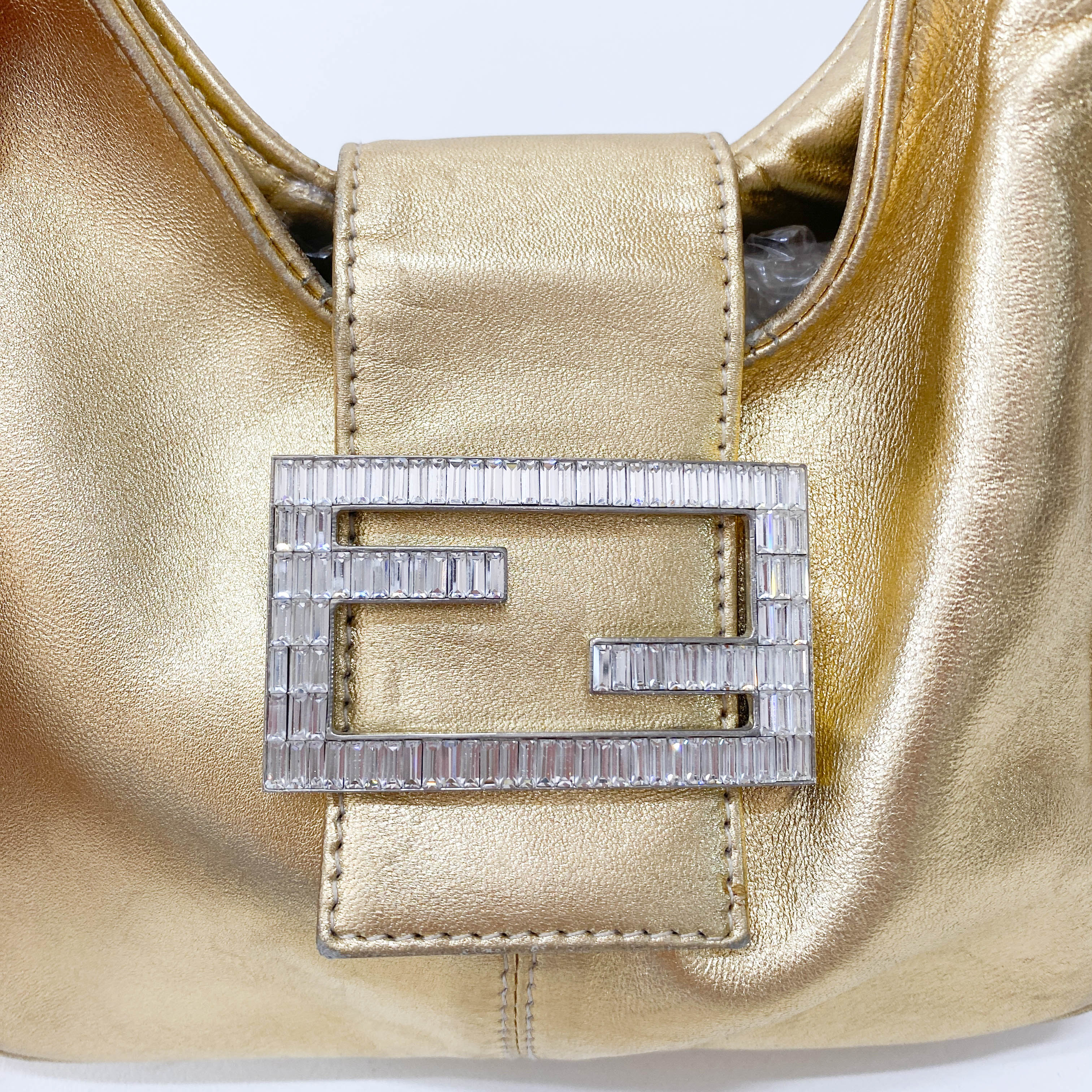 Rhinestone Buckle in Gold Leather Shoulder Bag