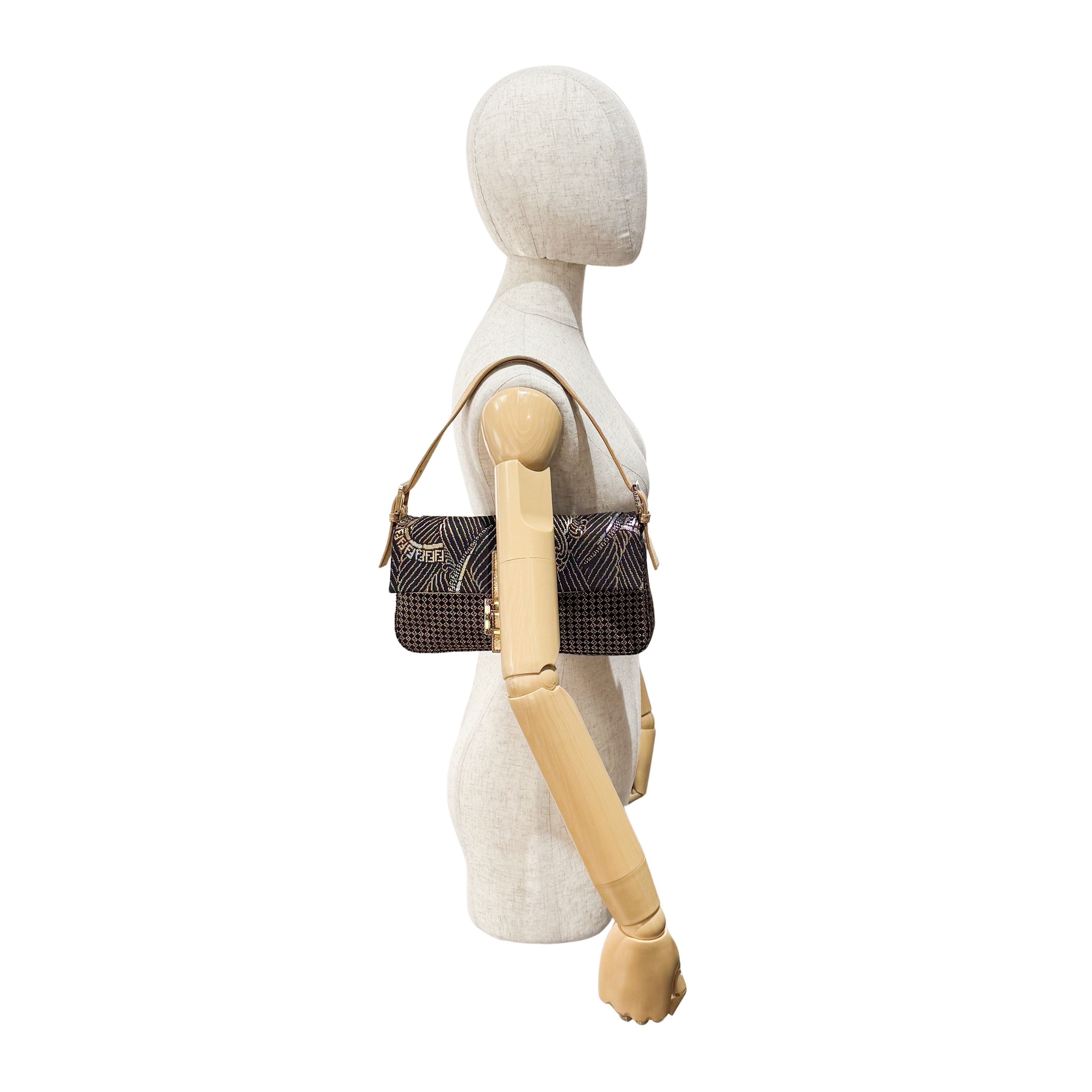 Baguette Black Canvas Rhinestone Shoulder Bag