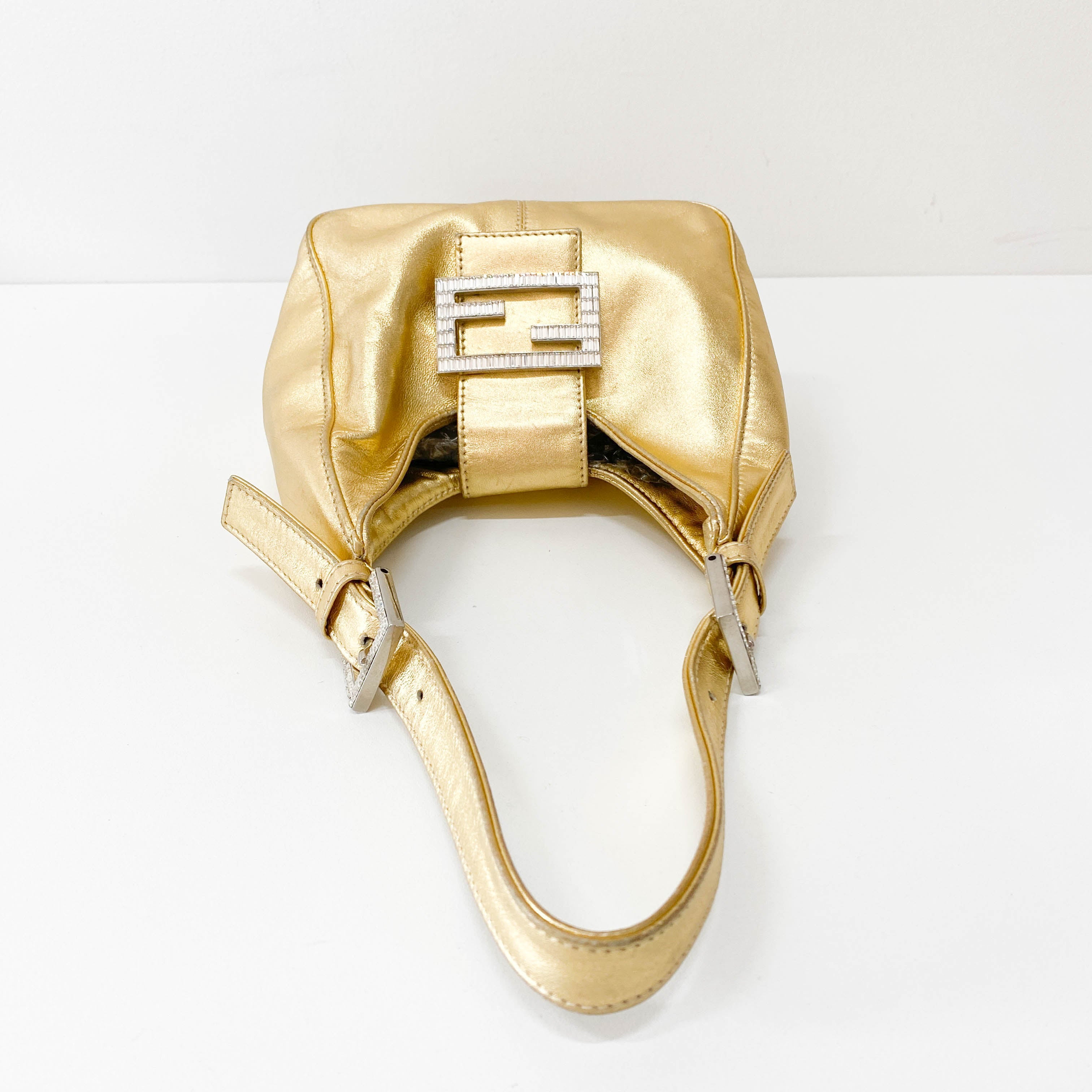 Rhinestone Buckle in Gold Leather Shoulder Bag