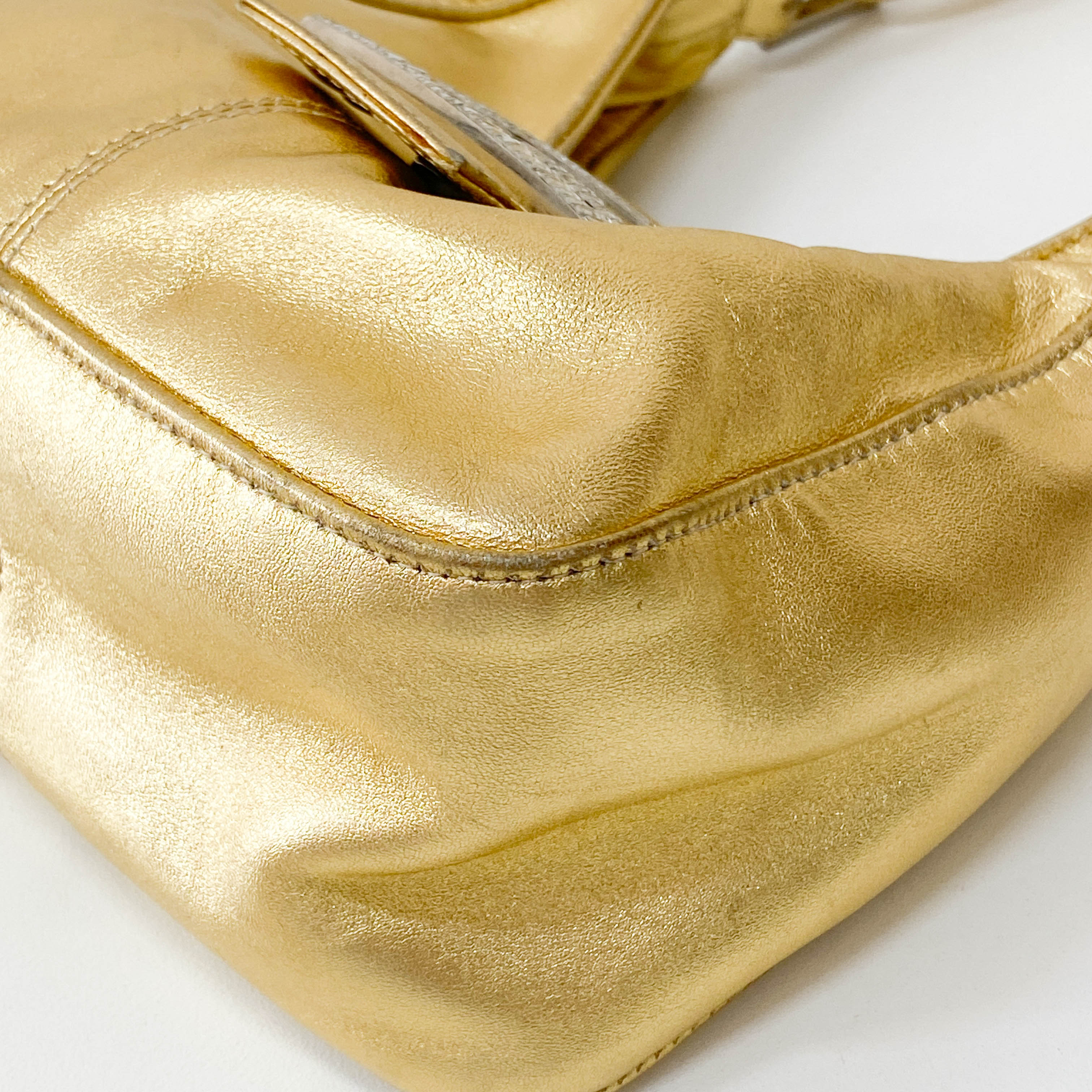 Rhinestone Buckle in Gold Leather Shoulder Bag