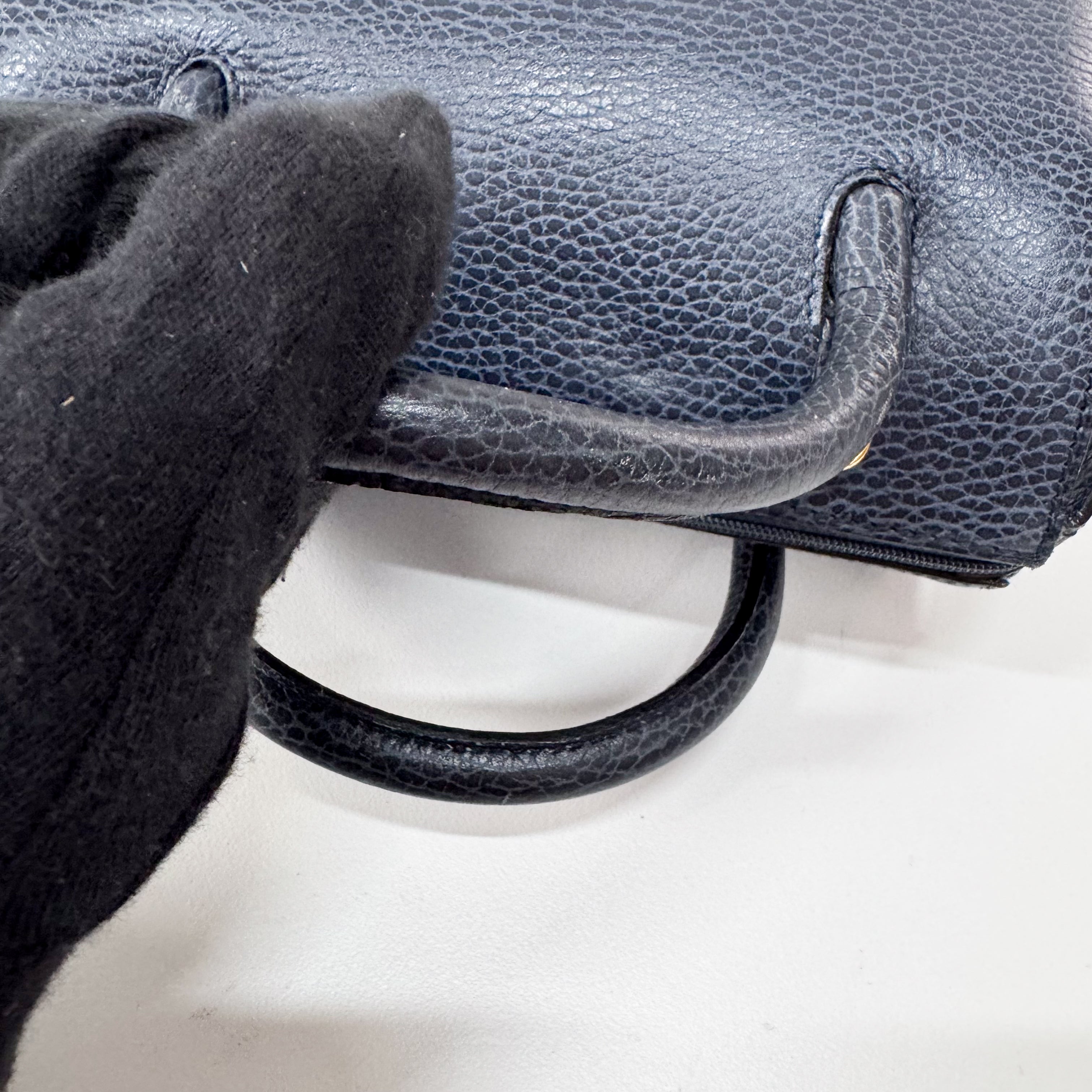 Small Navy Grained Calfskin Leather Handbag