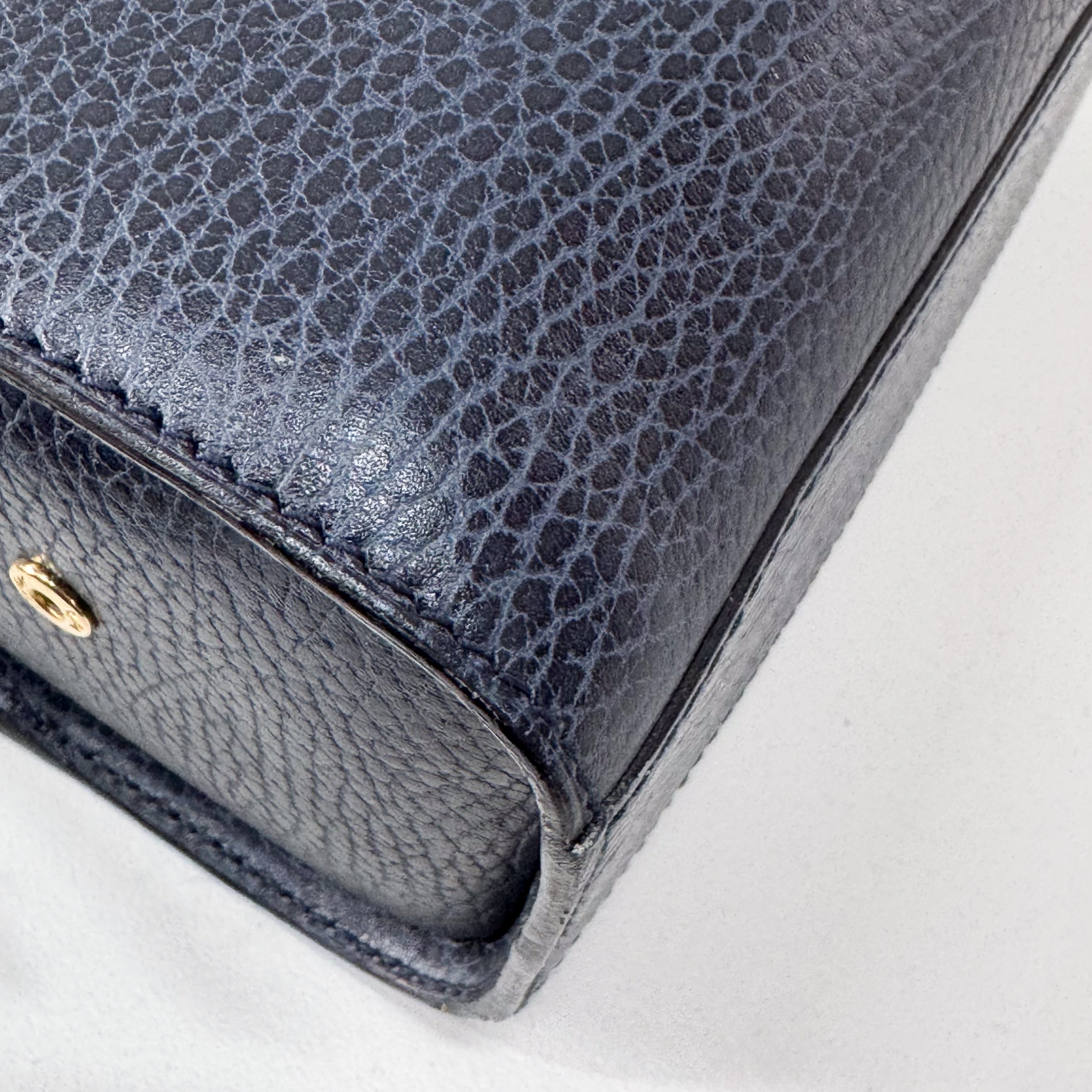 Small Navy Grained Calfskin Leather Handbag