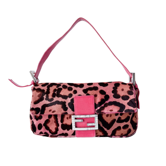 Baguette Pink Leopard Pony Hair Shoulder Bag