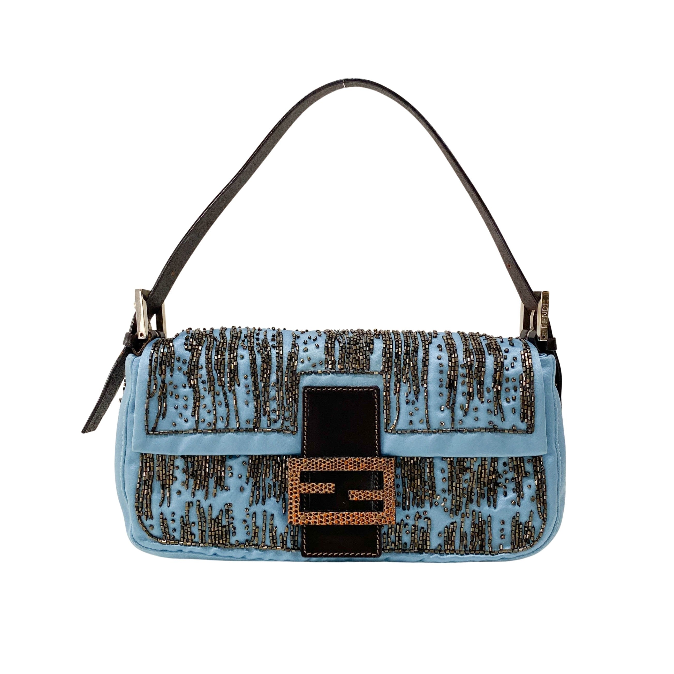 Baguette Blue Satin Beaded Shoulder Bag