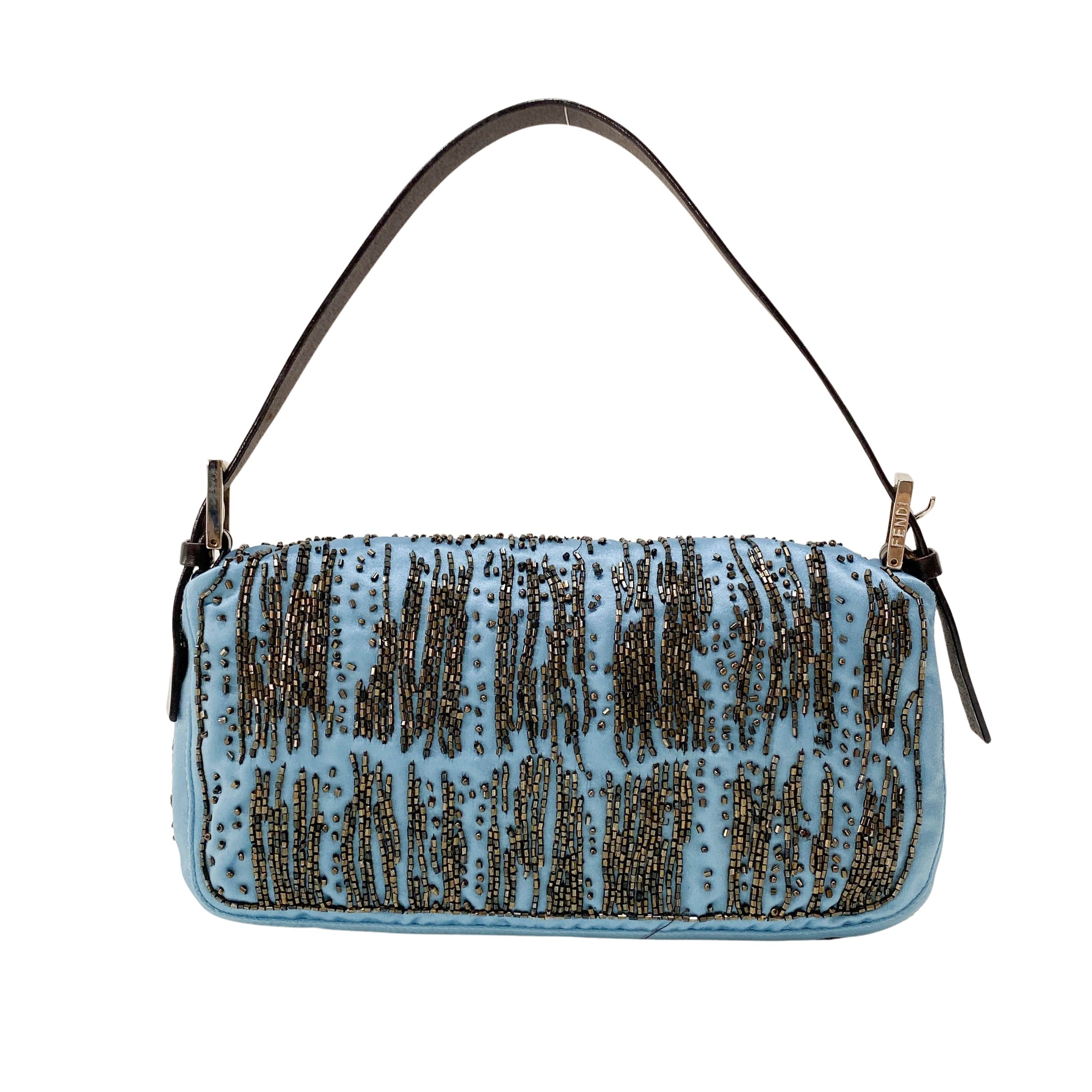 Baguette Blue Satin Beaded Shoulder Bag