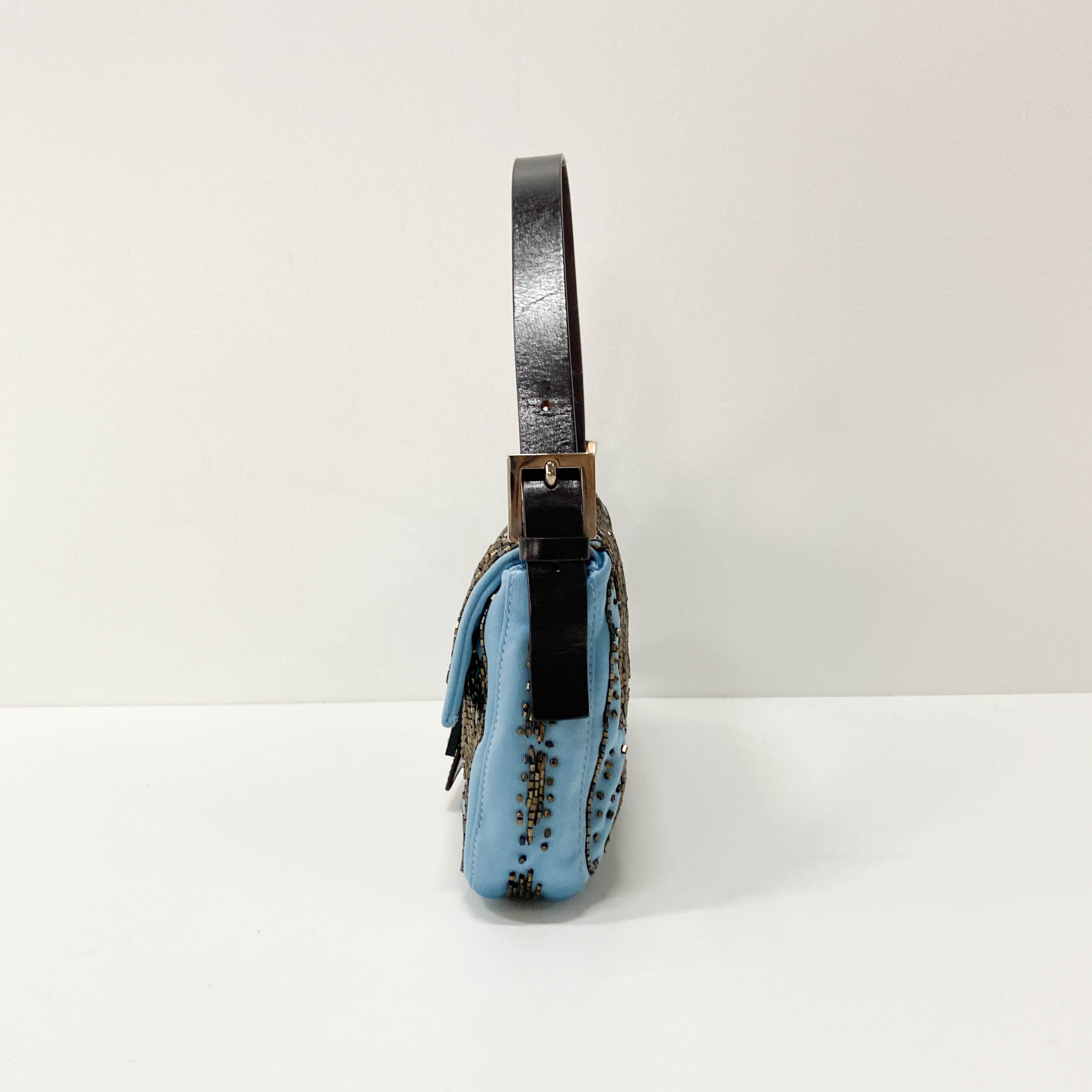 Baguette Blue Satin Beaded Shoulder Bag