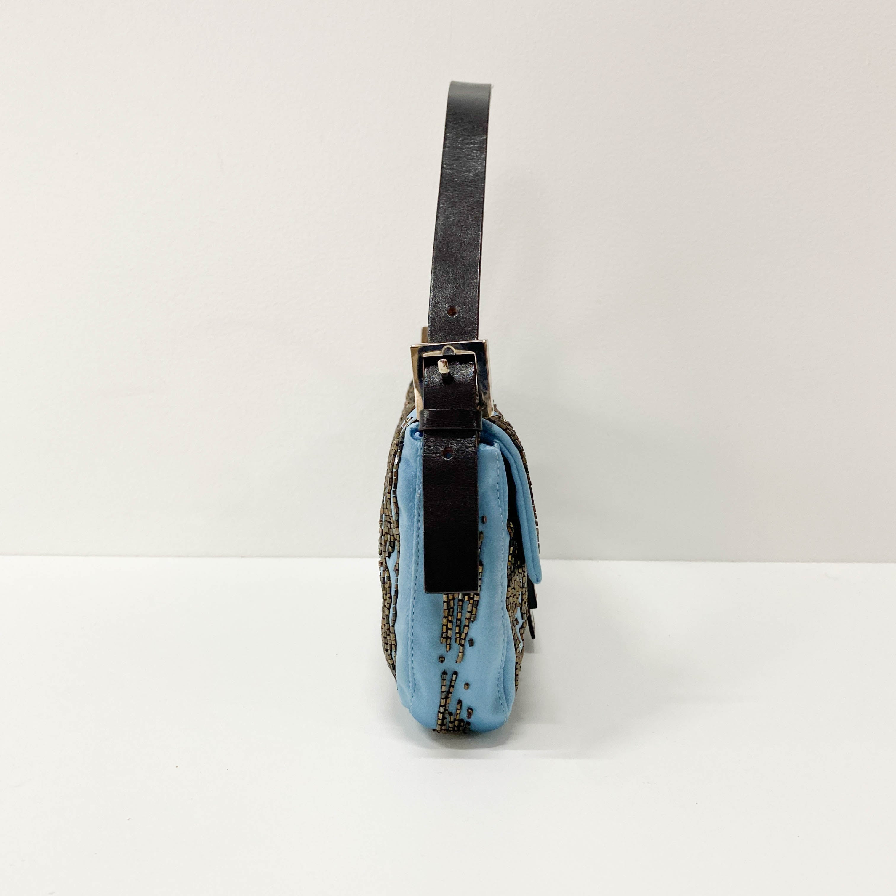 Baguette Blue Satin Beaded Shoulder Bag