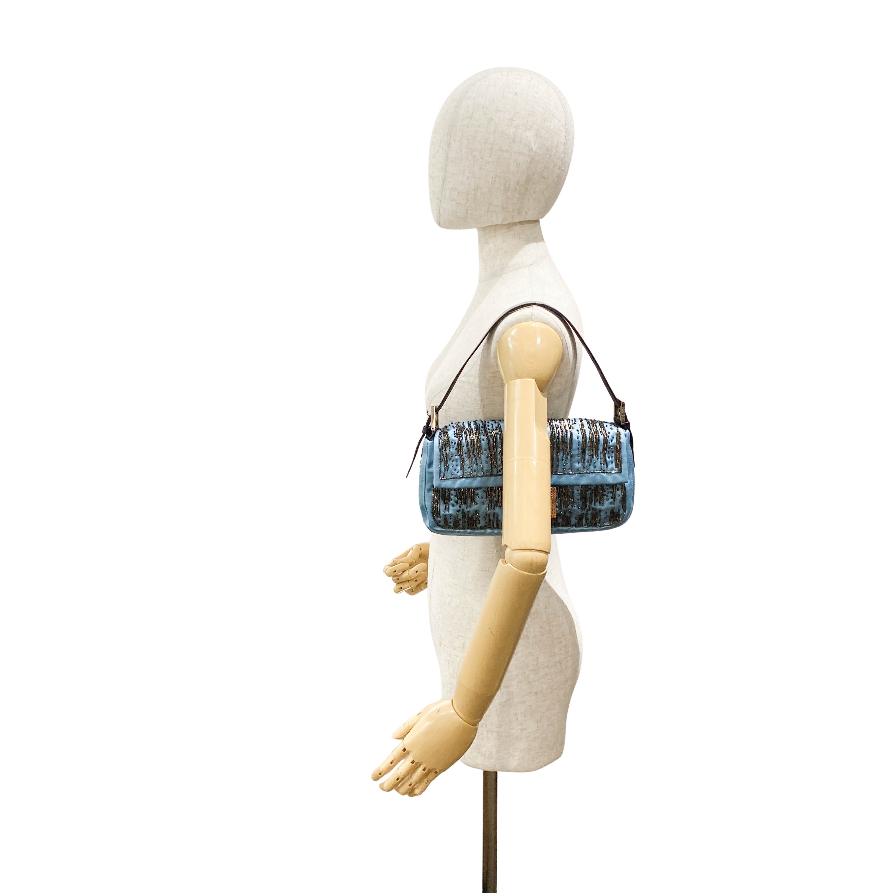 Baguette Blue Satin Beaded Shoulder Bag