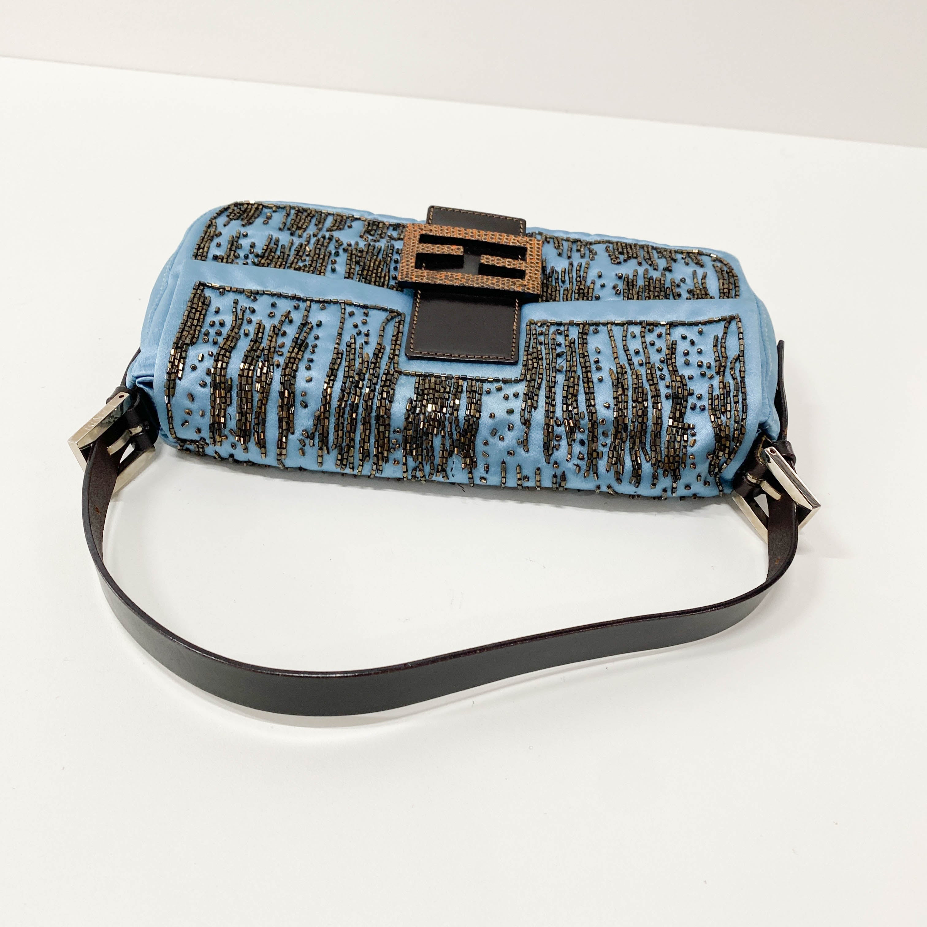 Baguette Blue Satin Beaded Shoulder Bag