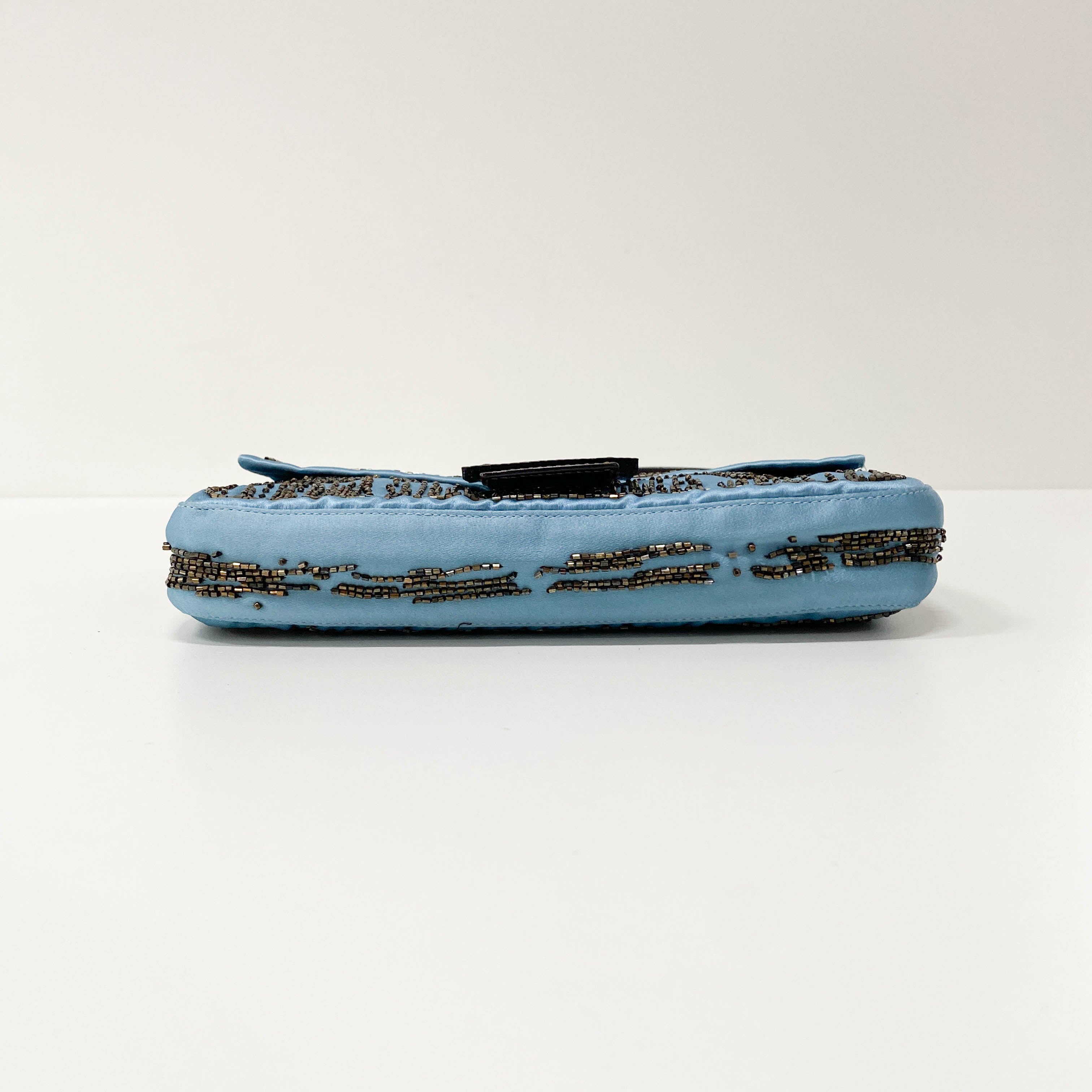 Baguette Blue Satin Beaded Shoulder Bag