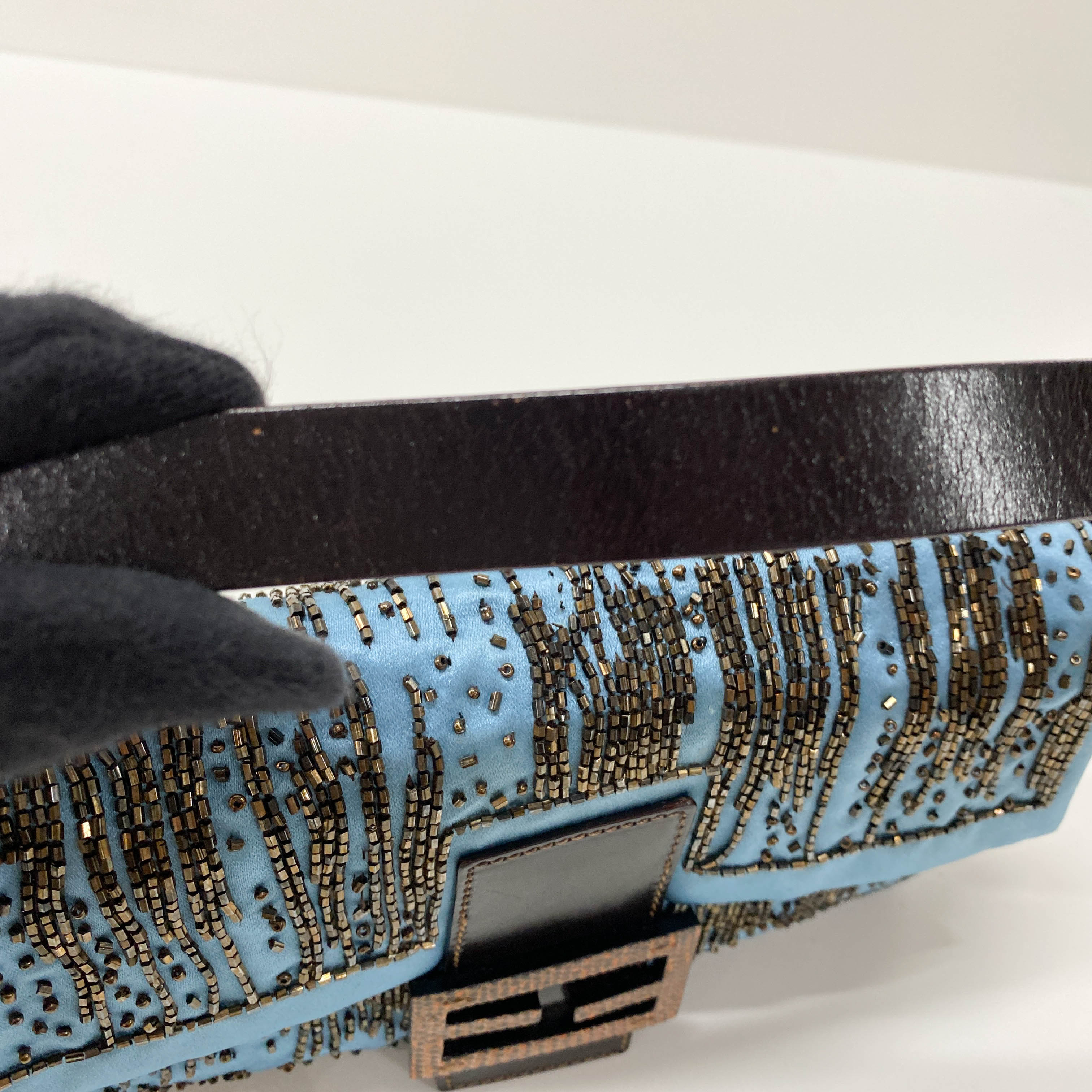 Baguette Blue Satin Beaded Shoulder Bag