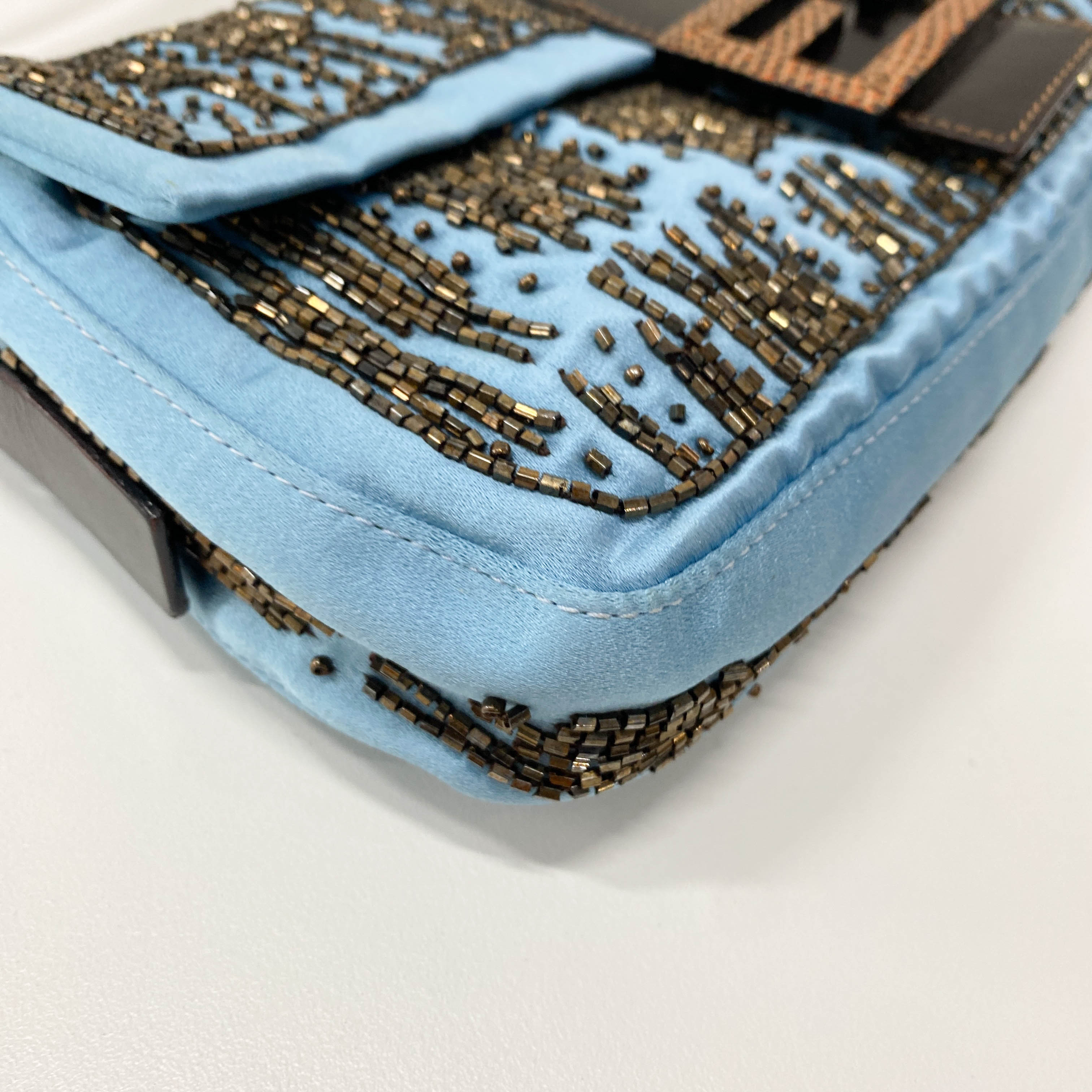 Baguette Blue Satin Beaded Shoulder Bag