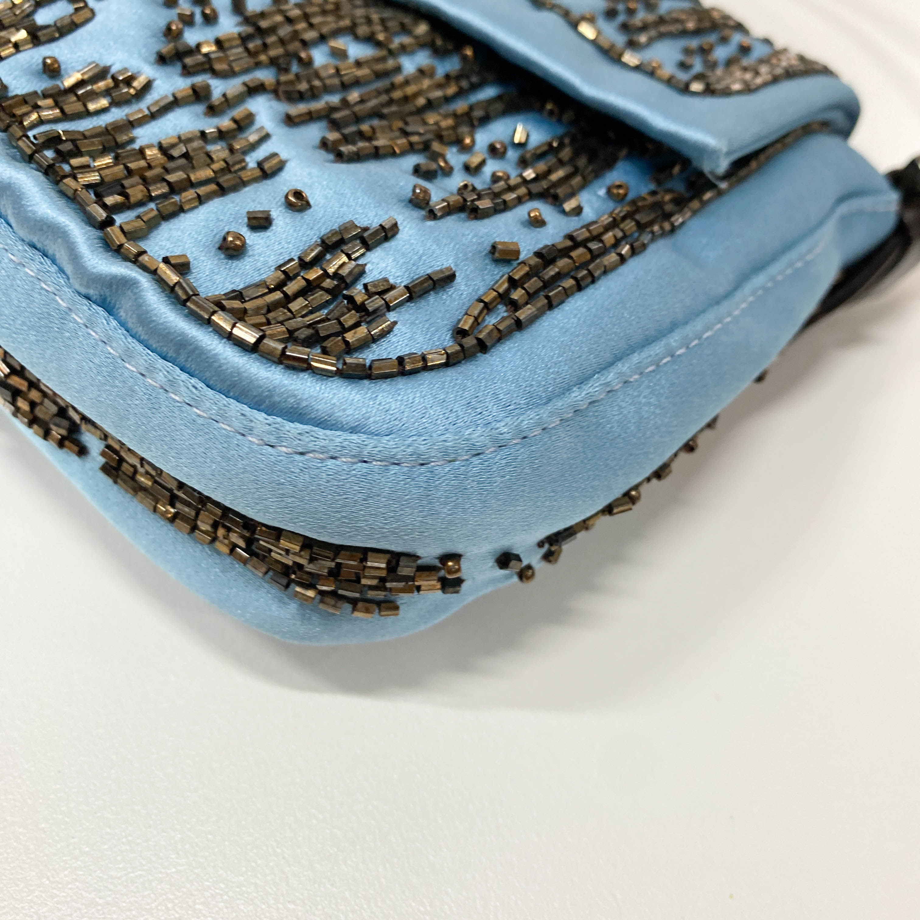 Baguette Blue Satin Beaded Shoulder Bag